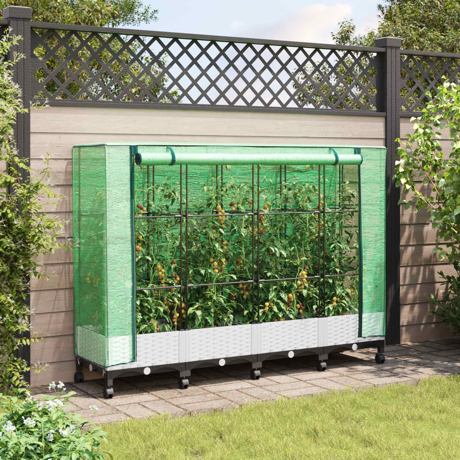 vidaXL Gartenplanter mit Gewächshausabdeckung und Rädern 4 Stk. Weiß
