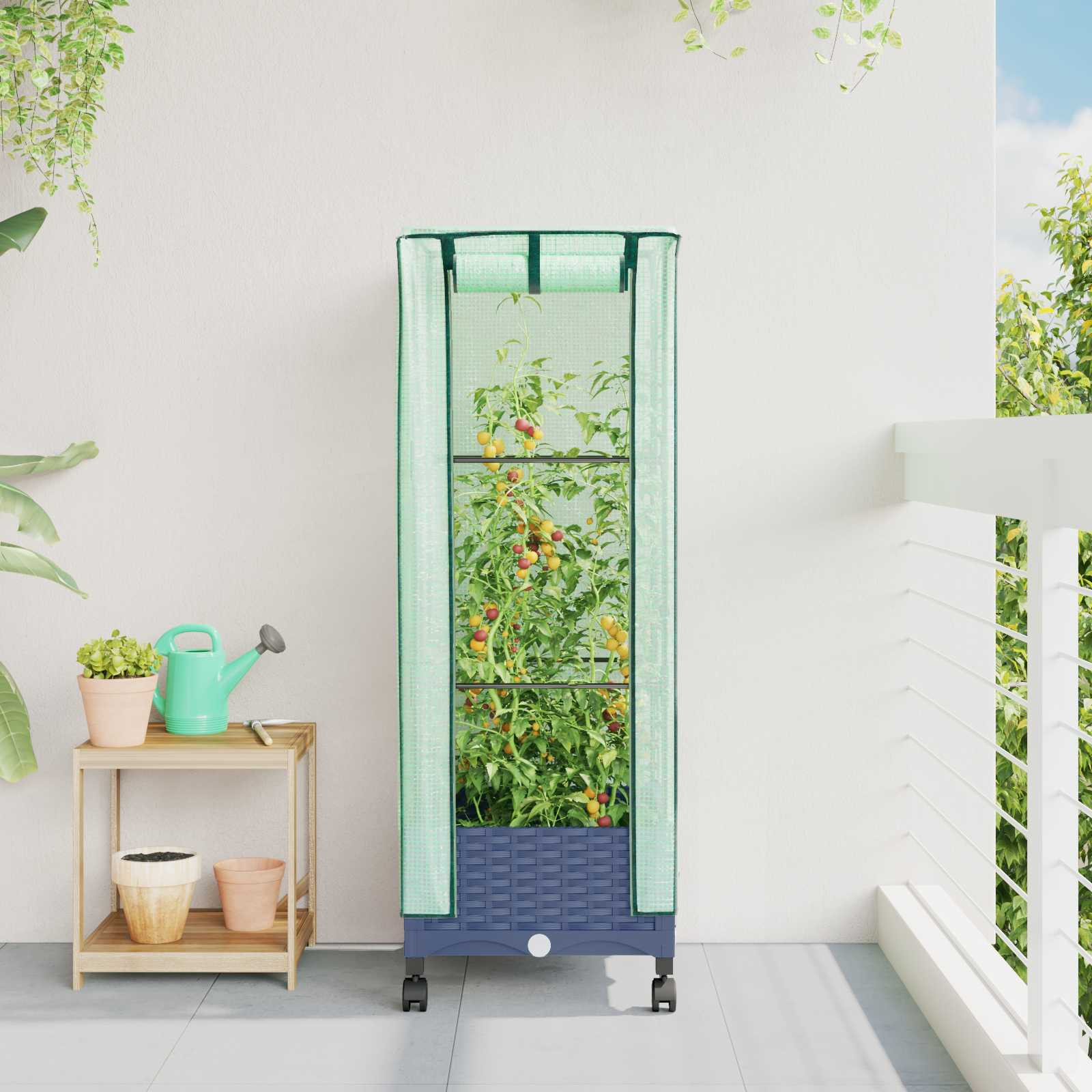 vidaXL Gartenplanter mit Gewächshausabdeckung und Rädern Blaugrau PP