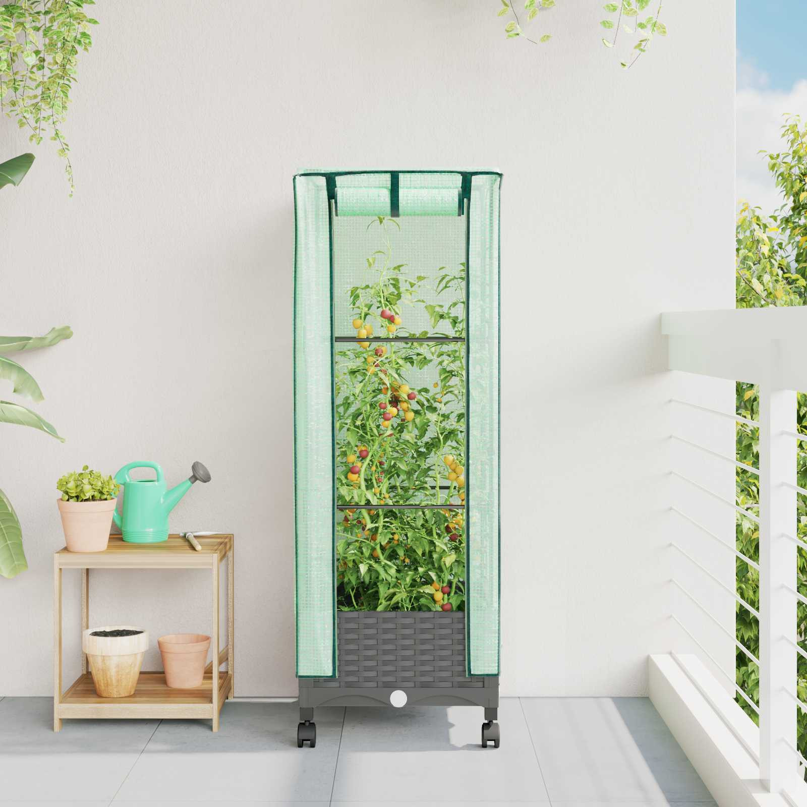 vidaXL Gartenplanter mit Gewächshausabdeckung und Rädern Hellgrau PP