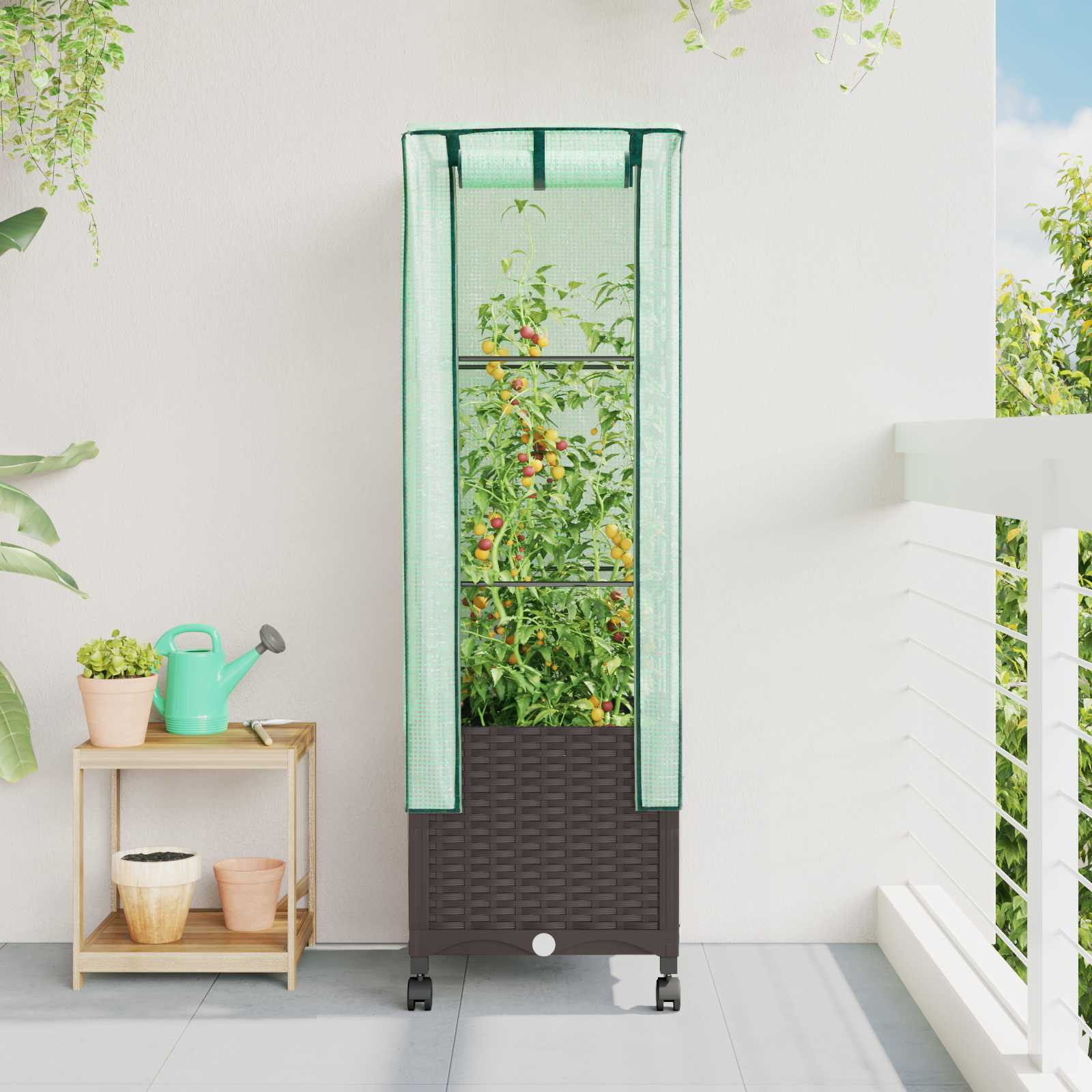 vidaXL Gartenplanter mit Gewächshausabdeckung und Rädern Braun PP