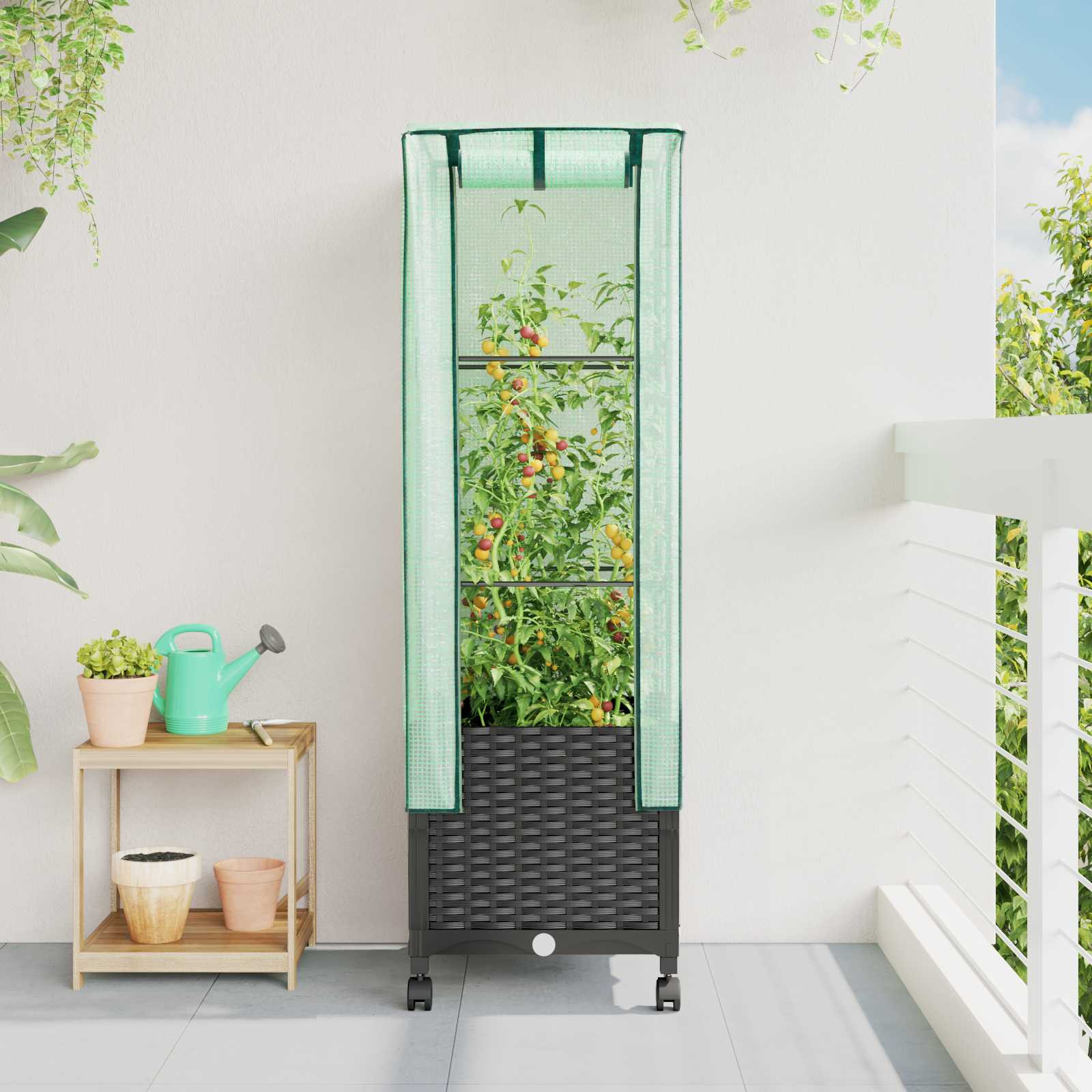 vidaXL Gartenplanter mit Gewächshausabdeckung und Rädern Schwarz PP