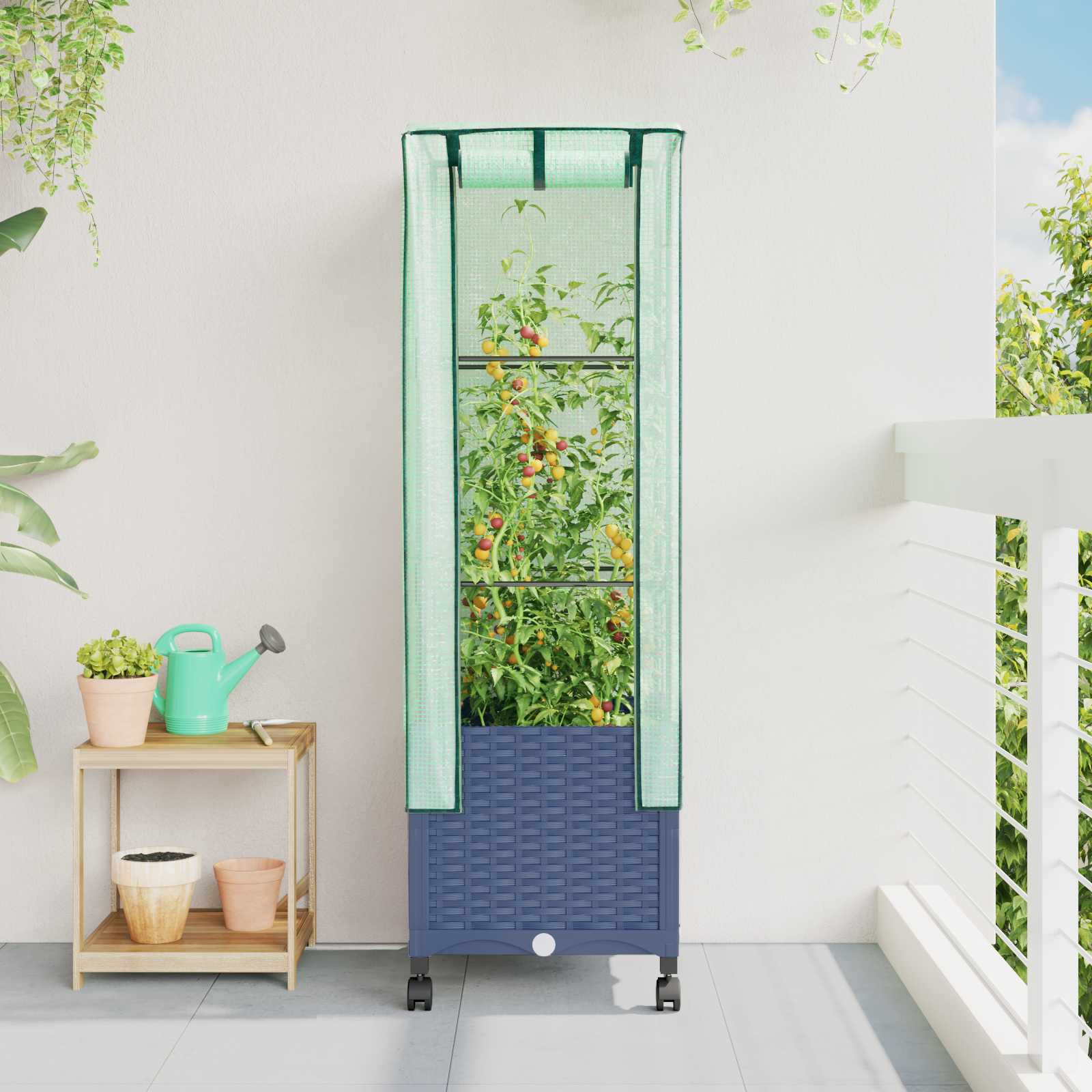 vidaXL Gartenplanter mit Gewächshausabdeckung und Rädern Blaugrau PP