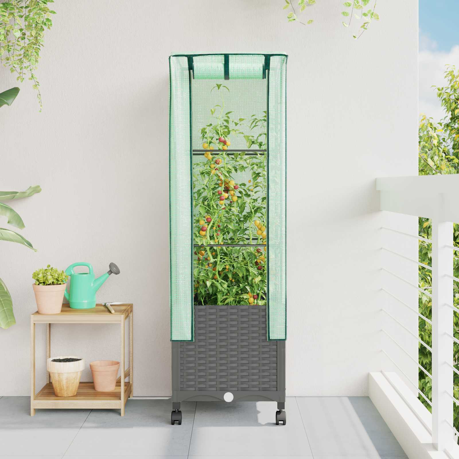 vidaXL Gartenplanter mit Gewächshausabdeckung und Rädern Hellgrau PP