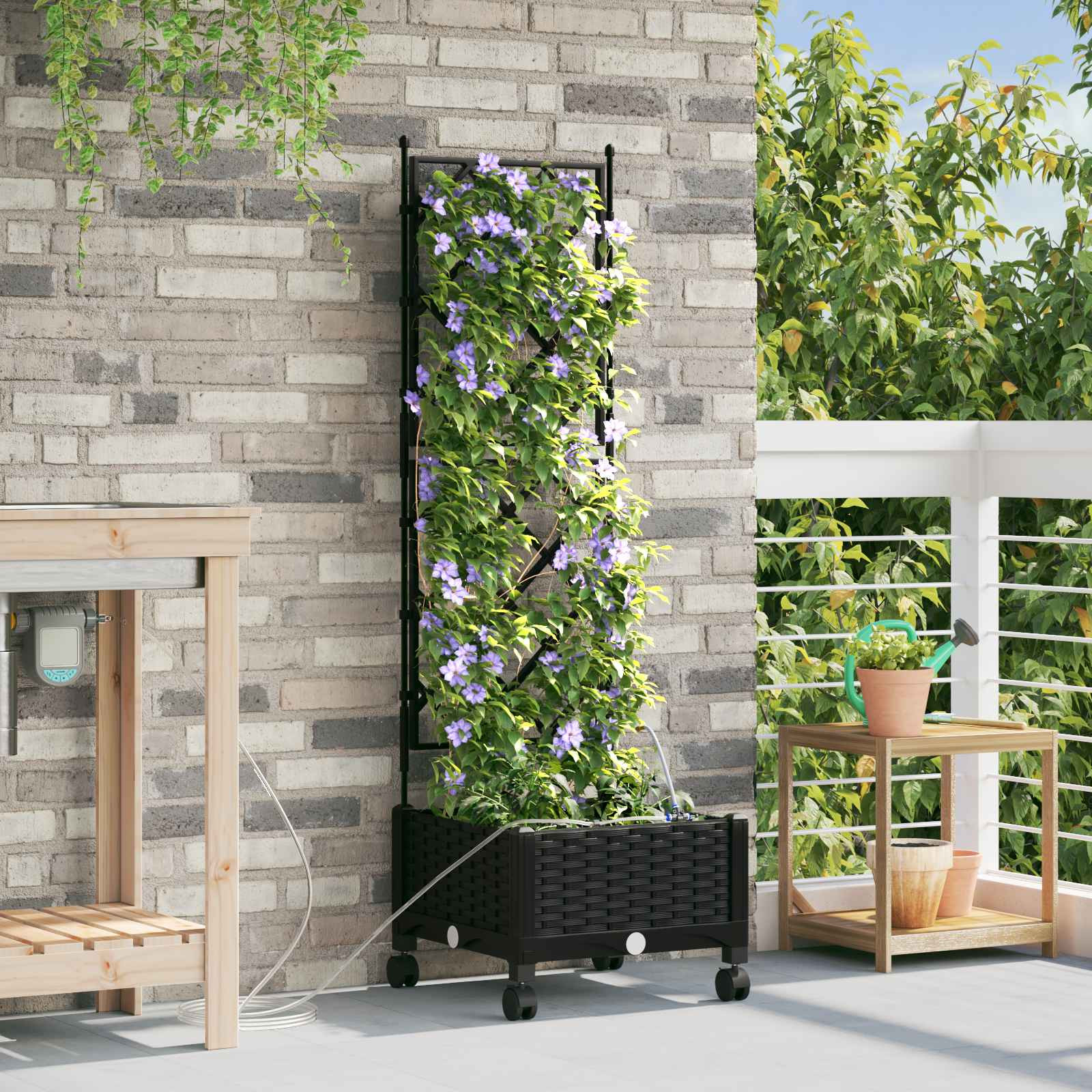 vidaXL Garten Blumenkübel mit Bewässerung und Rädern Schwarz PP
