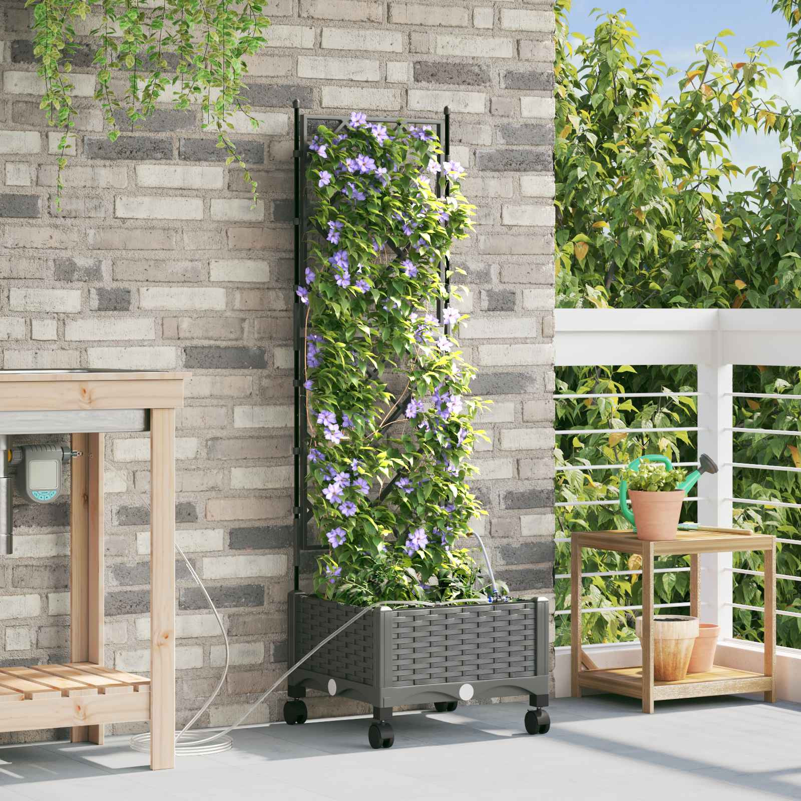 vidaXL Garten Blumenkübel mit Bewässerung und Rädern Hellgrau PP