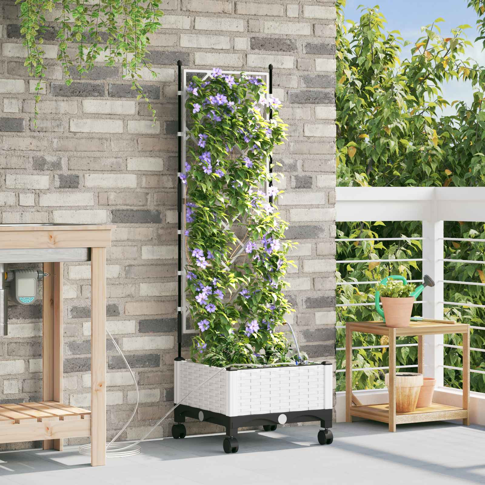 vidaXL Garten Blumenkübel mit Bewässerung und Rädern Weiß PP