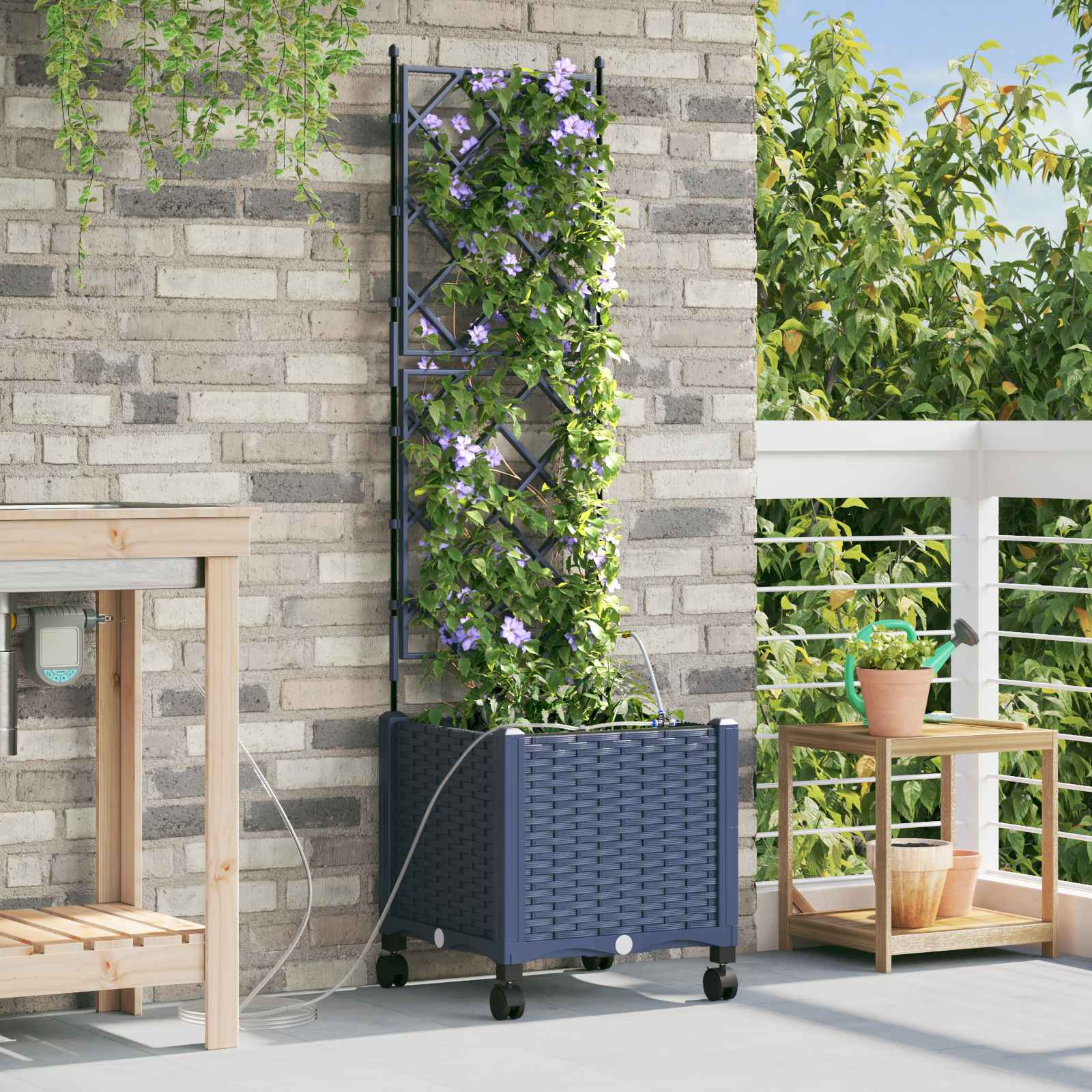 vidaXL Garten Blumenkübel mit Bewässerung und Rädern Grau PP