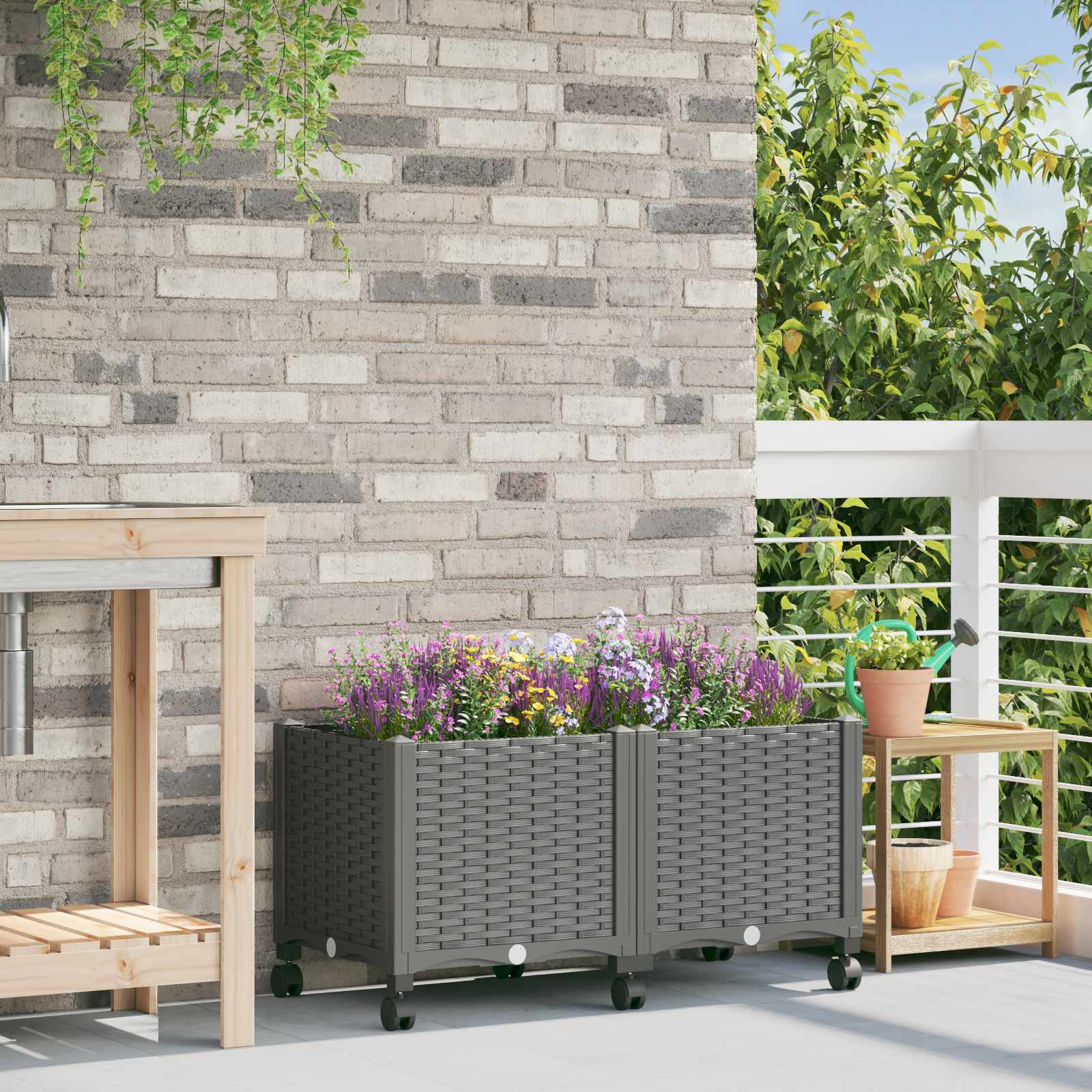 vidaXL Gartenpflanzer mit Rädern Hellgrau 80 x 40 x 48 cm PP