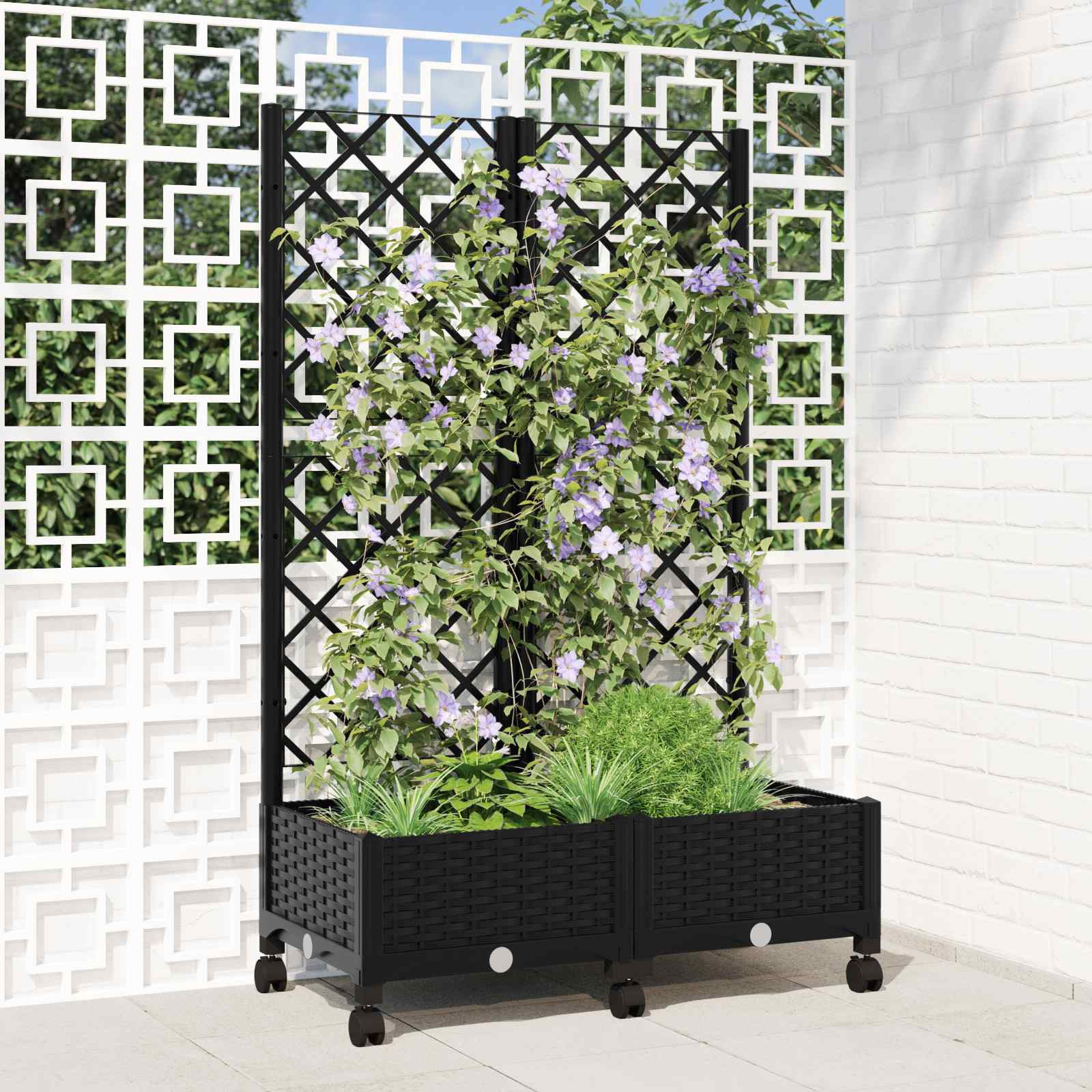 vidaXL Pflanzkübel mit Spalier und Rädern Schwarz 80 x 40 x 131,5 cm