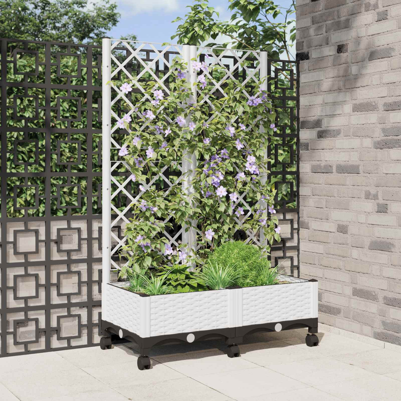 vidaXL Pflanzkübel mit Spalier und Rädern Weiß 80 x 40 x 131,5 cm PP