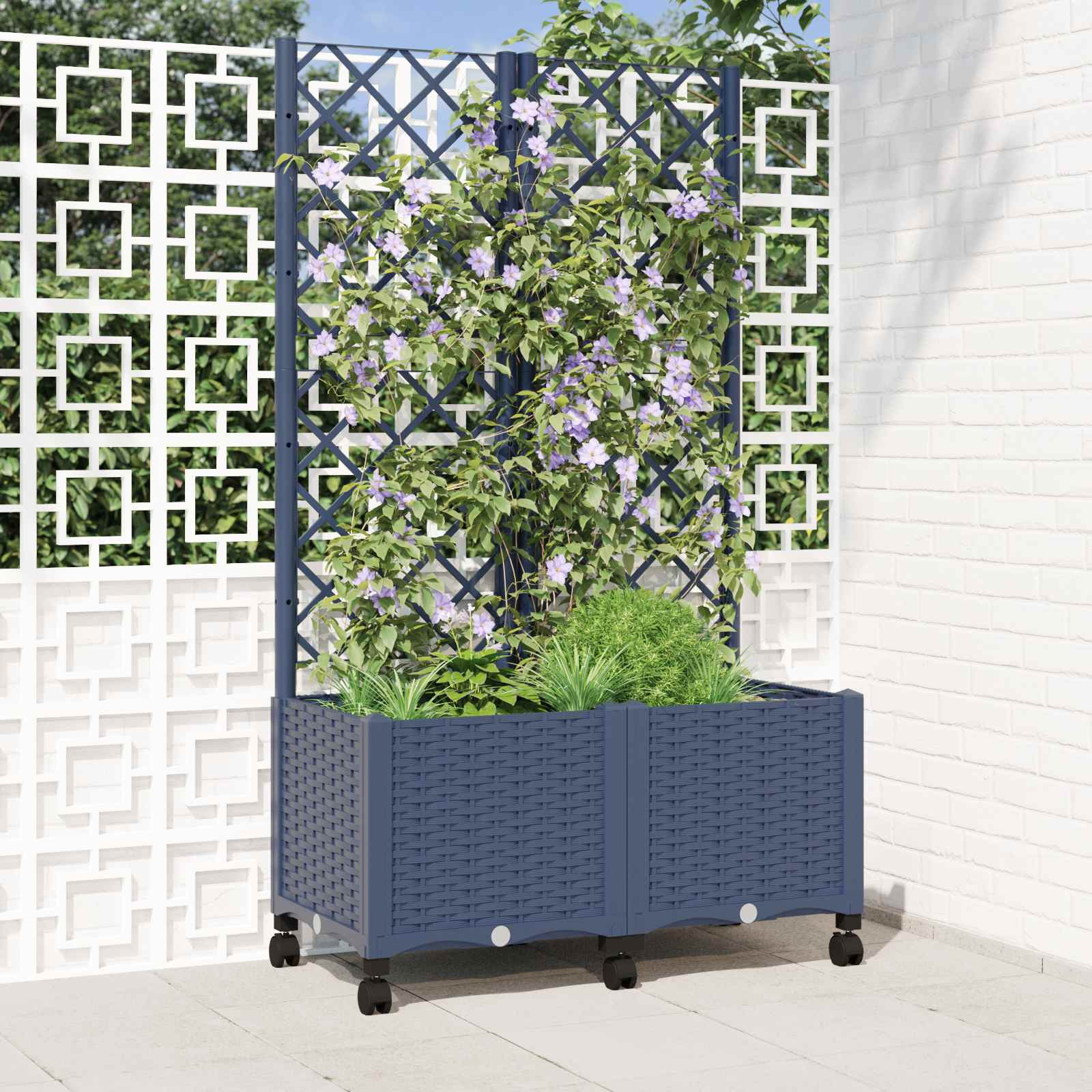 vidaXL Pflanzkübel mit Spalier und Rädern Blaugrau 80 x 40 x 146 cm PP