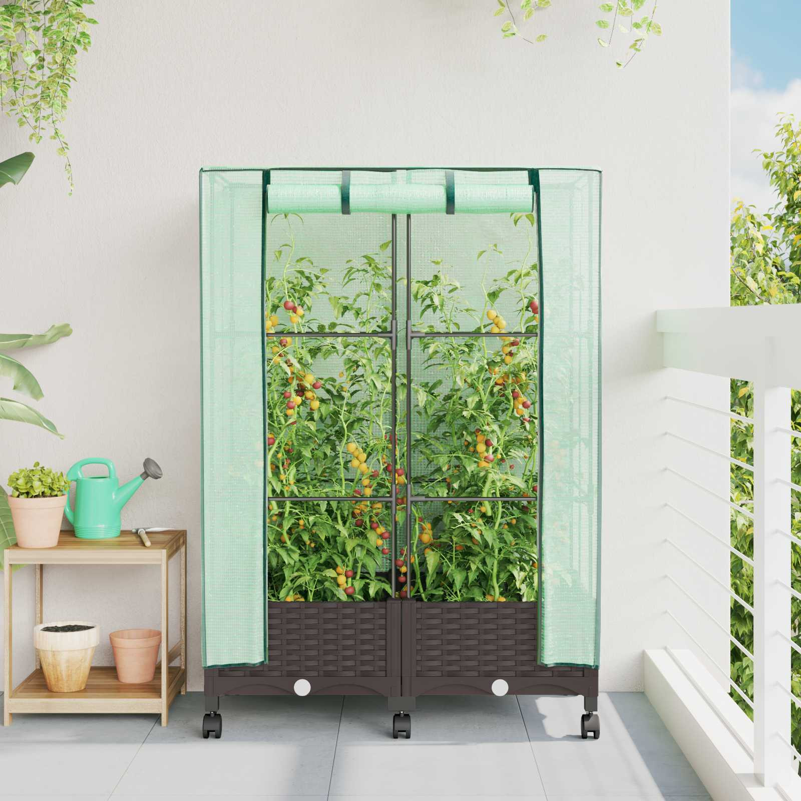 vidaXL Gartenplanter mit Gewächshausabdeckung und Rädern 2 Stk. Braun