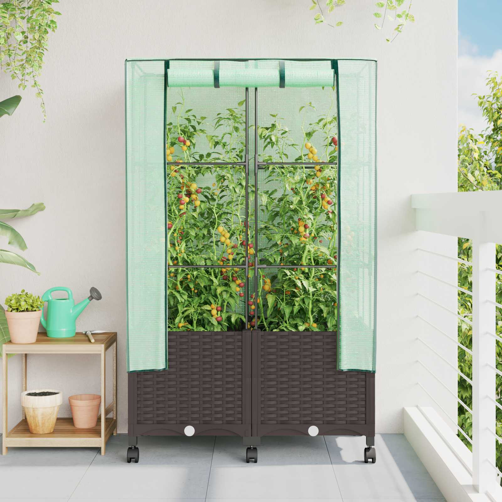 vidaXL Gartenplanter mit Gewächshausabdeckung und Rädern 2 Stk. Braun