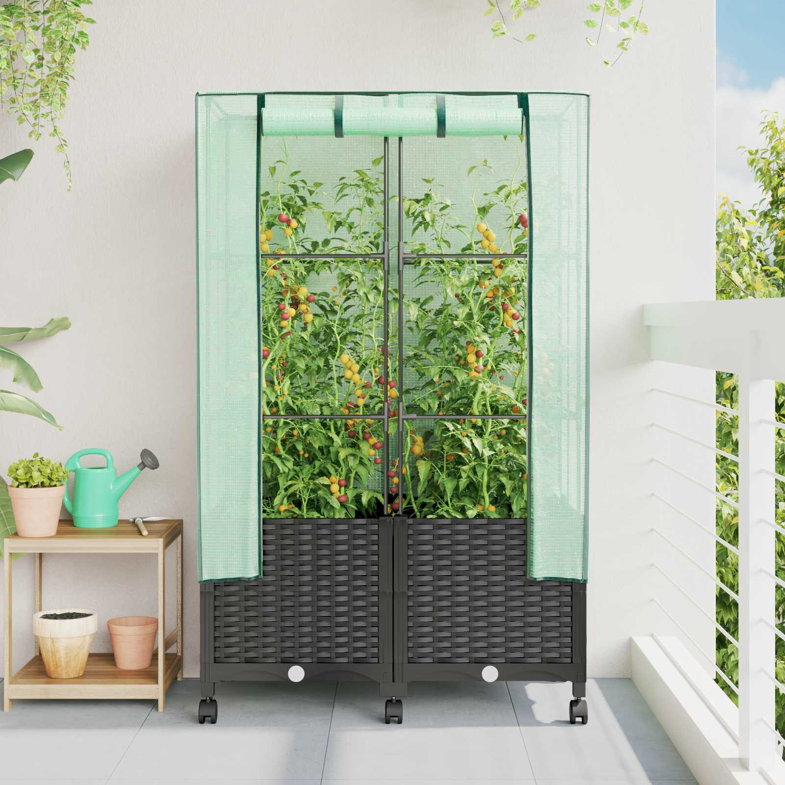 vidaXL Gartenplanter mit Gewächshausabdeckung und Rädern 2 Stk. PP