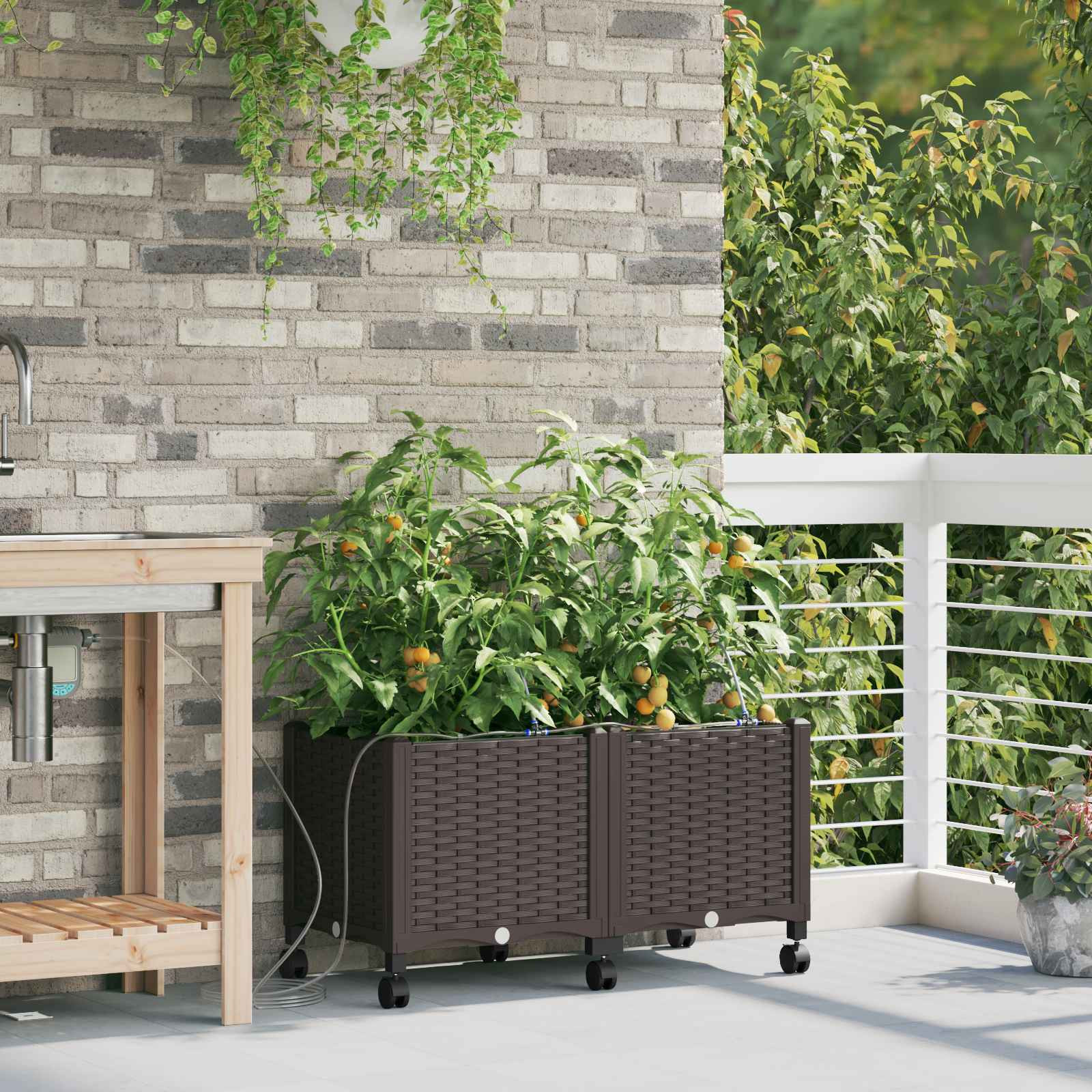 vidaXL Garten Blumenkübel mit Bewässerung und Rädern 2 Stk. Braun PP