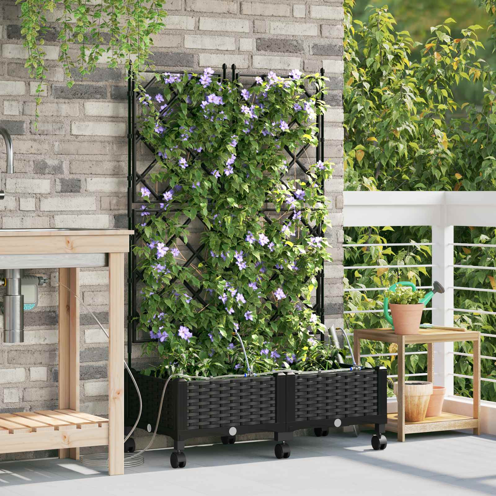 vidaXL Garten Blumenkübel mit Bewässerung und Rädern 2 Stk. Schwarz PP