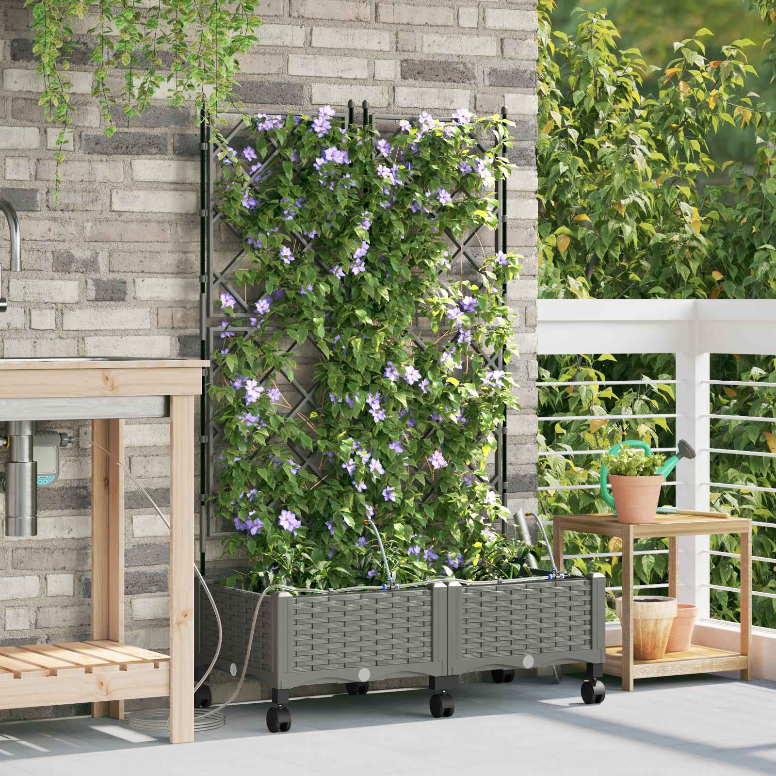 vidaXL Garten Blumenkübel mit Bewässerung und Rädern 2 Stk. Hellgrau