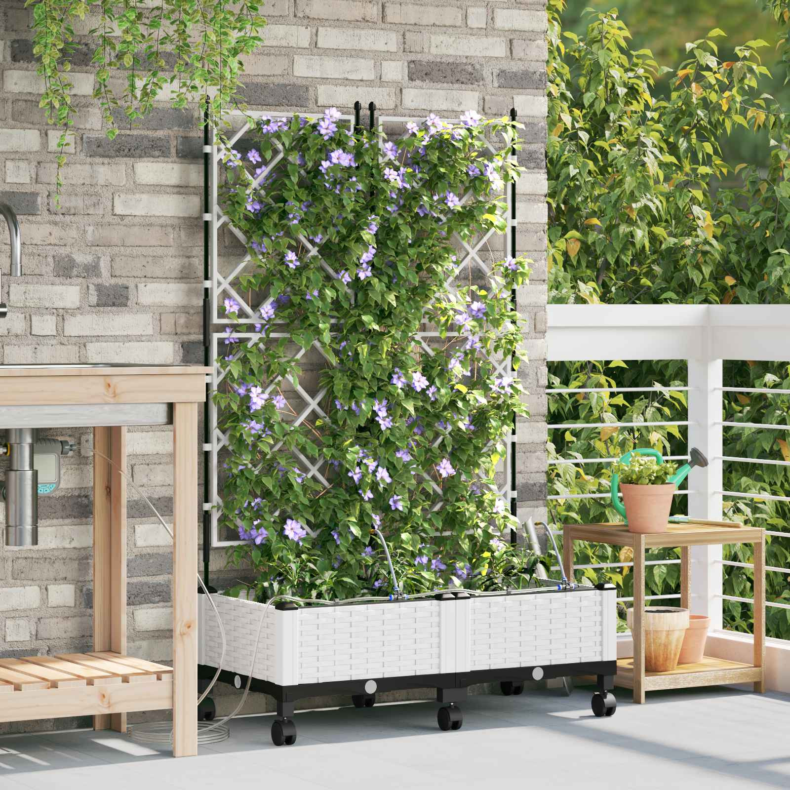 vidaXL Garten Blumenkübel mit Bewässerung und Rädern 2 Stk. Weiß PP