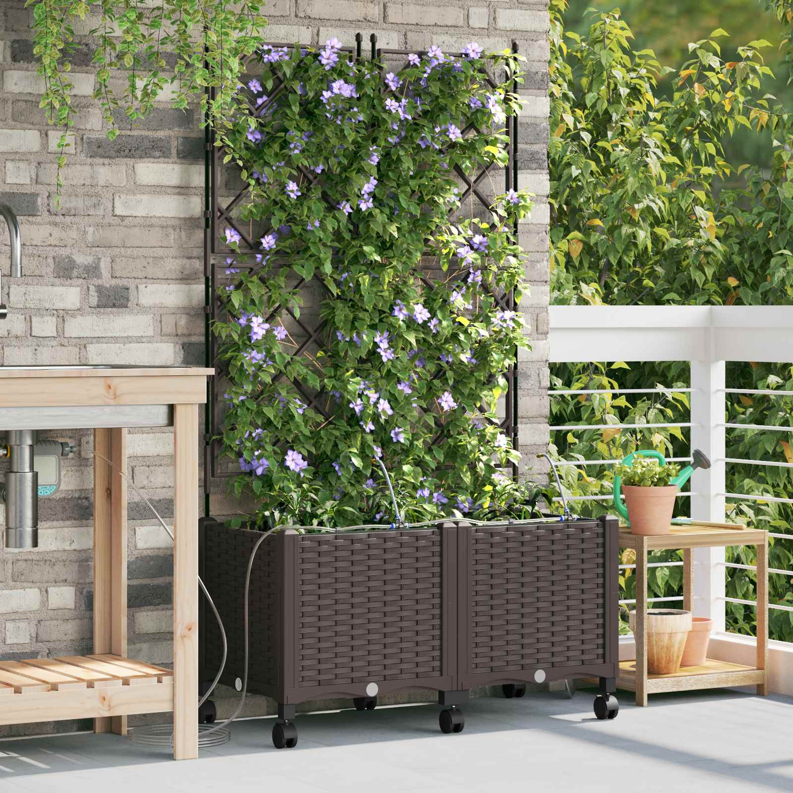 vidaXL Garten Blumenkübel mit Bewässerung und Rädern 2 Stk. Braun PP