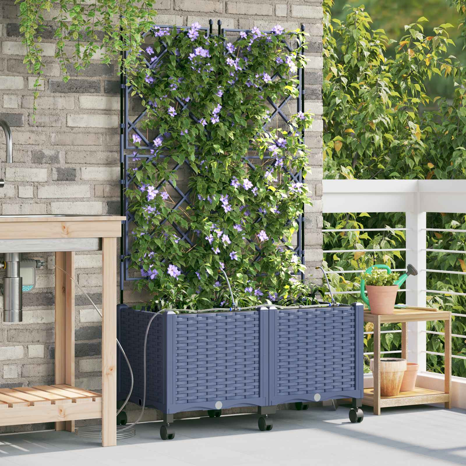 vidaXL Garten Blumenkübel mit Bewässerung und Rädern 2 Stk. Grau PP