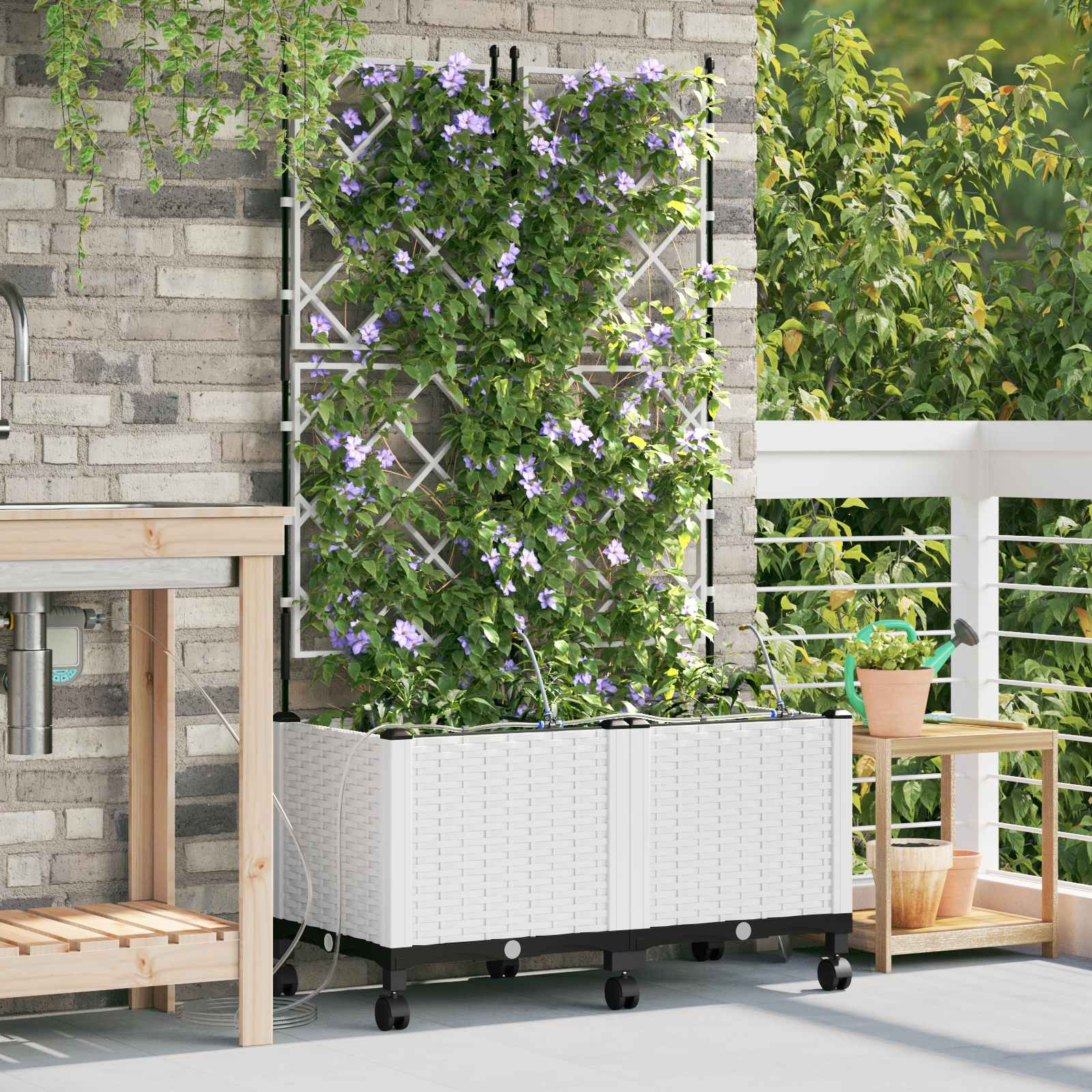vidaXL Garten Blumenkübel mit Bewässerung und Rädern 2 Stk. Weiß PP