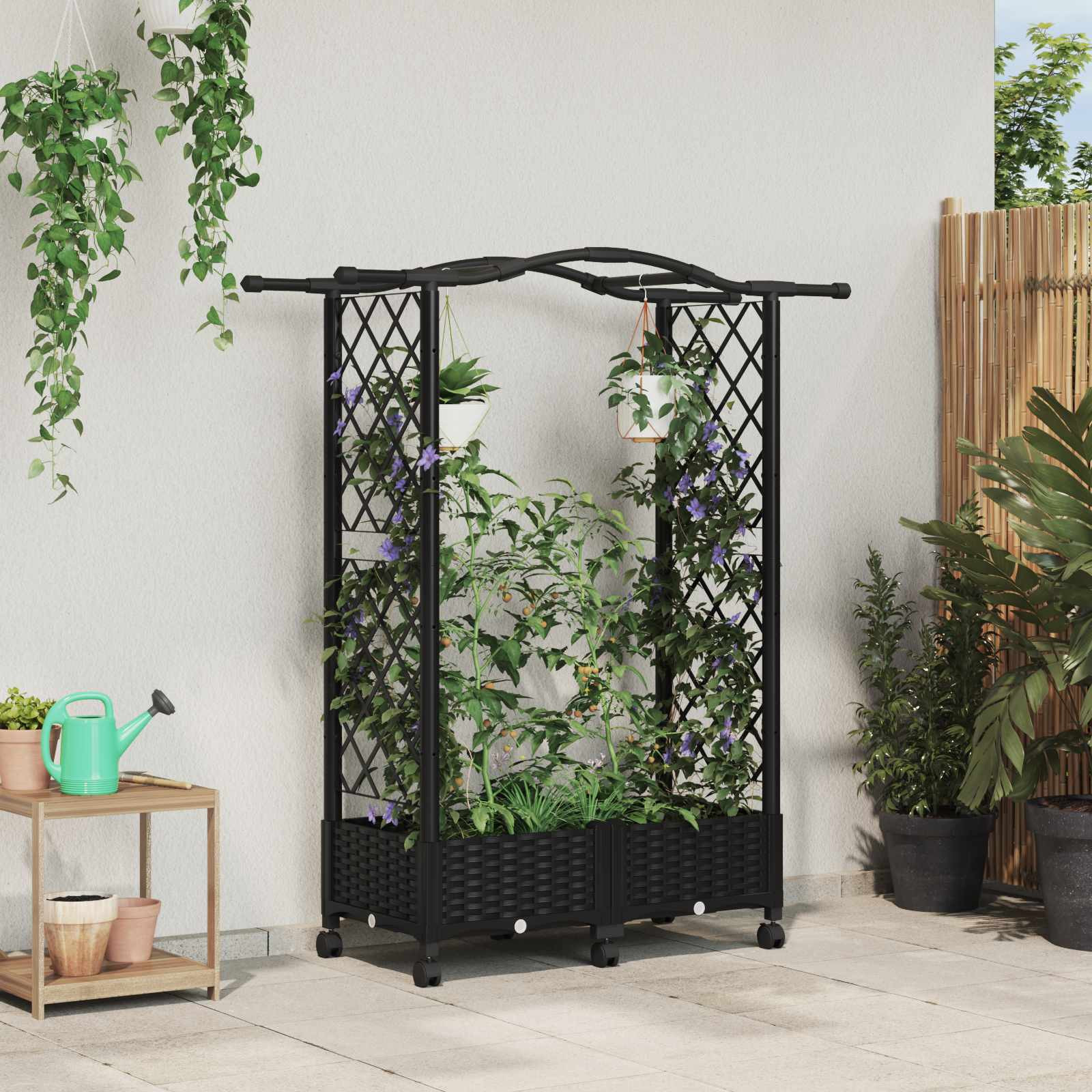 vidaXL Hochbeet mit Rankgitter und Dach Schwarz 124 x 40 x 129 cm PP