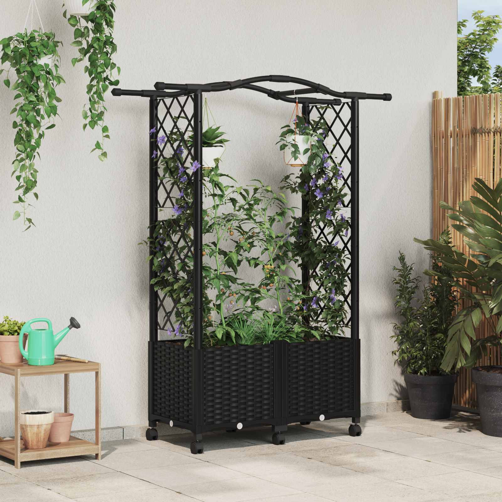 vidaXL Hochbeet mit Rankgitter und Dach Schwarz 125 x 40 x 144 cm PP