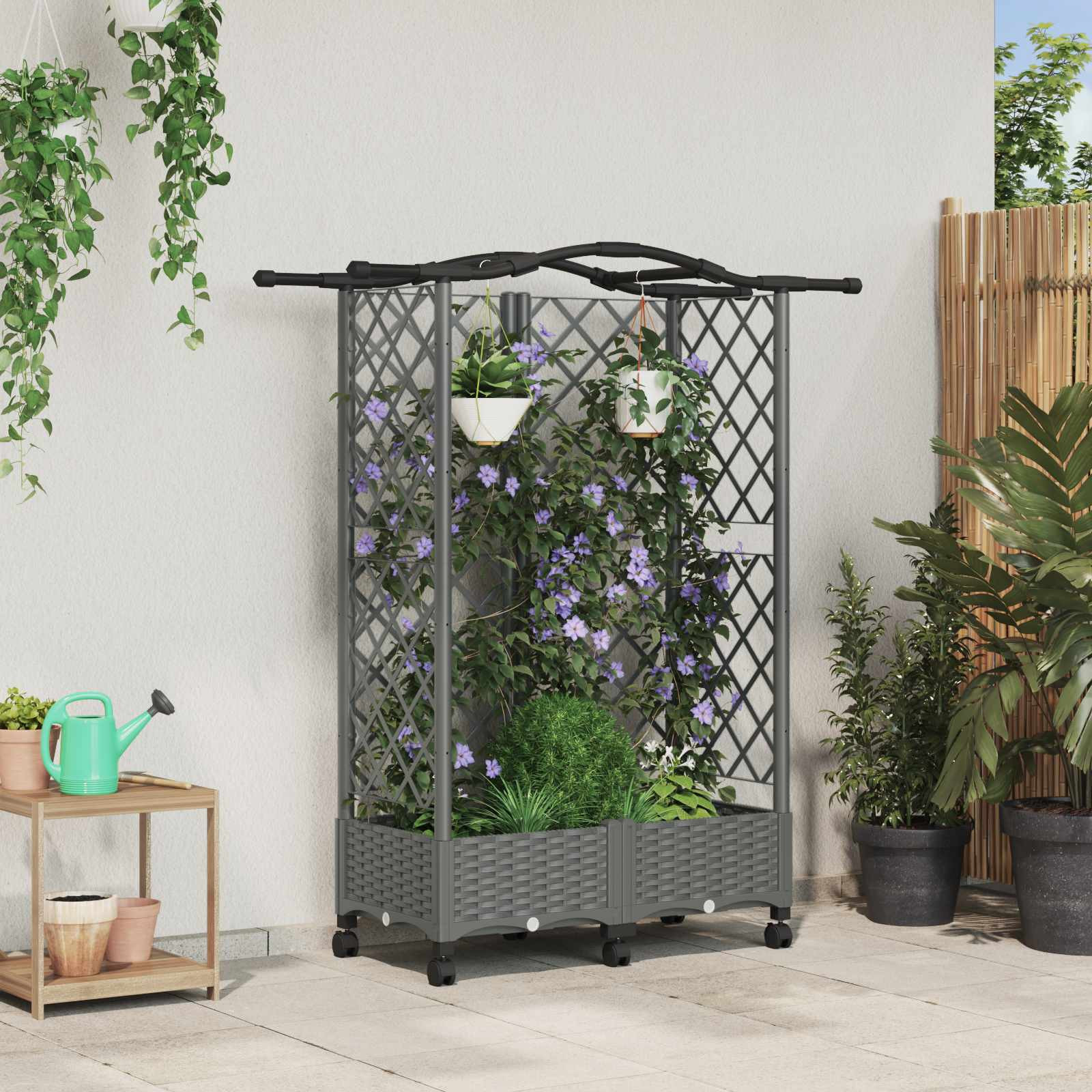 vidaXL Hochbeet mit Rankgitter und Dach Hellgrau 124 x 40 x 129 cm PP