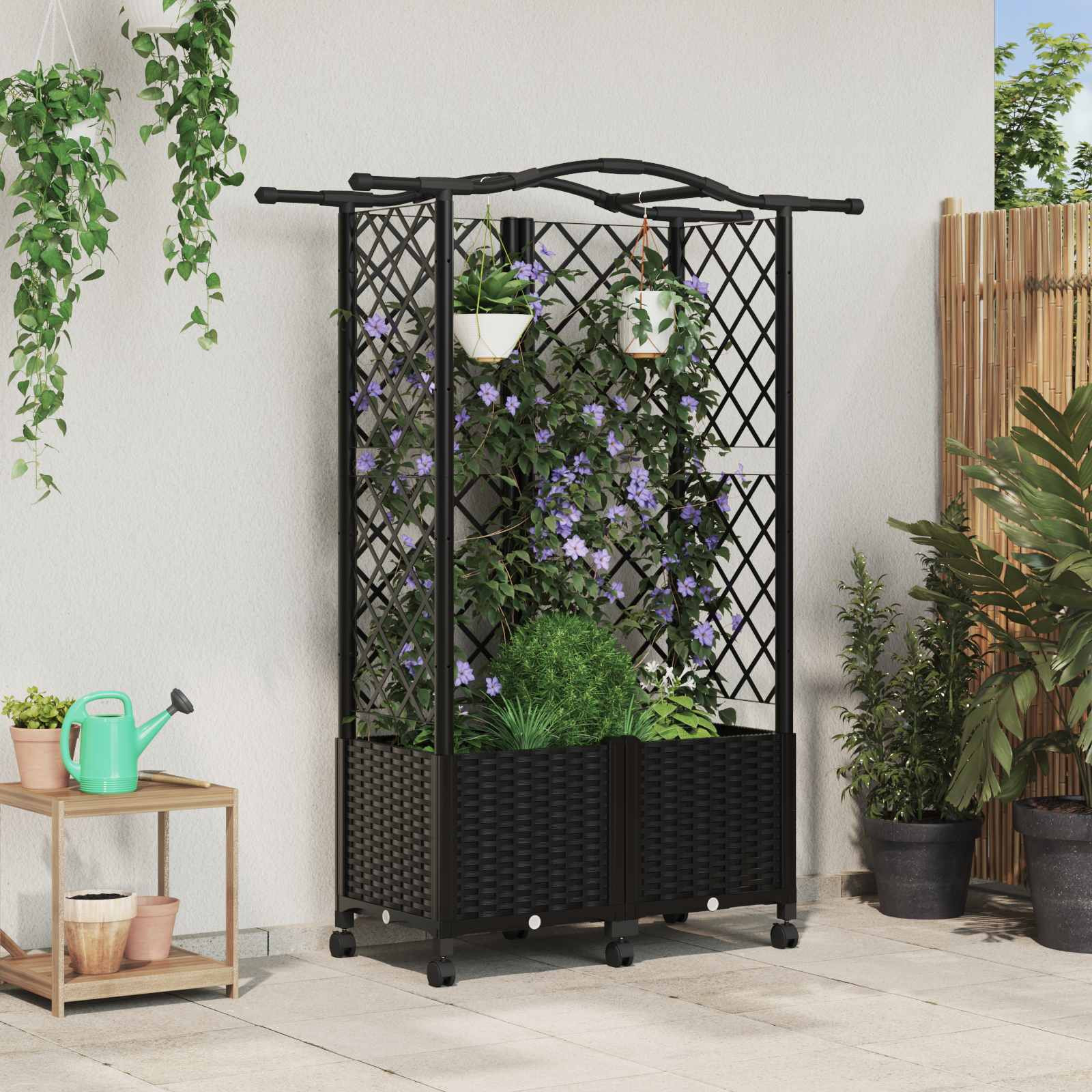 vidaXL Hochbeet mit Rankgitter und Dach Schwarz 122 x 40 x 144 cm PP