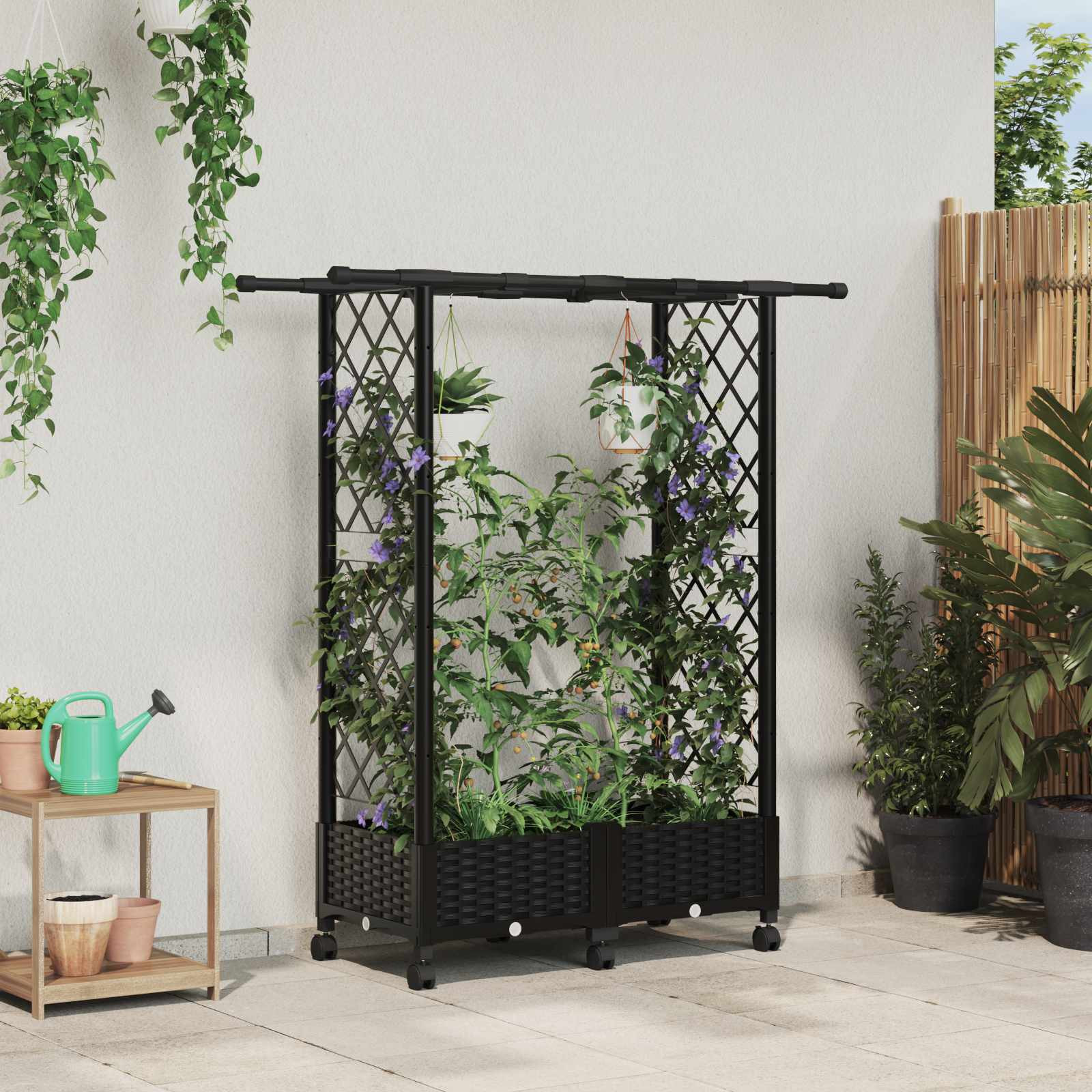 vidaXL Hochbeet mit Rankgitter und Dach Schwarz 122,5 x 40 x 127 cm PP