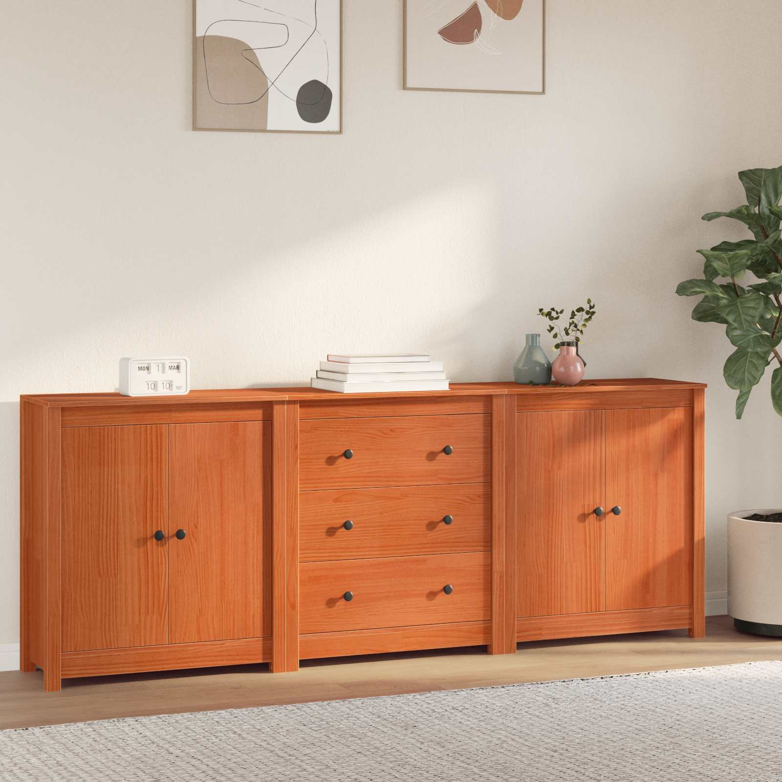 vidaXL Sideboard mit Schubladen 3 pcs Wachsbraun Massives Kiefernholz