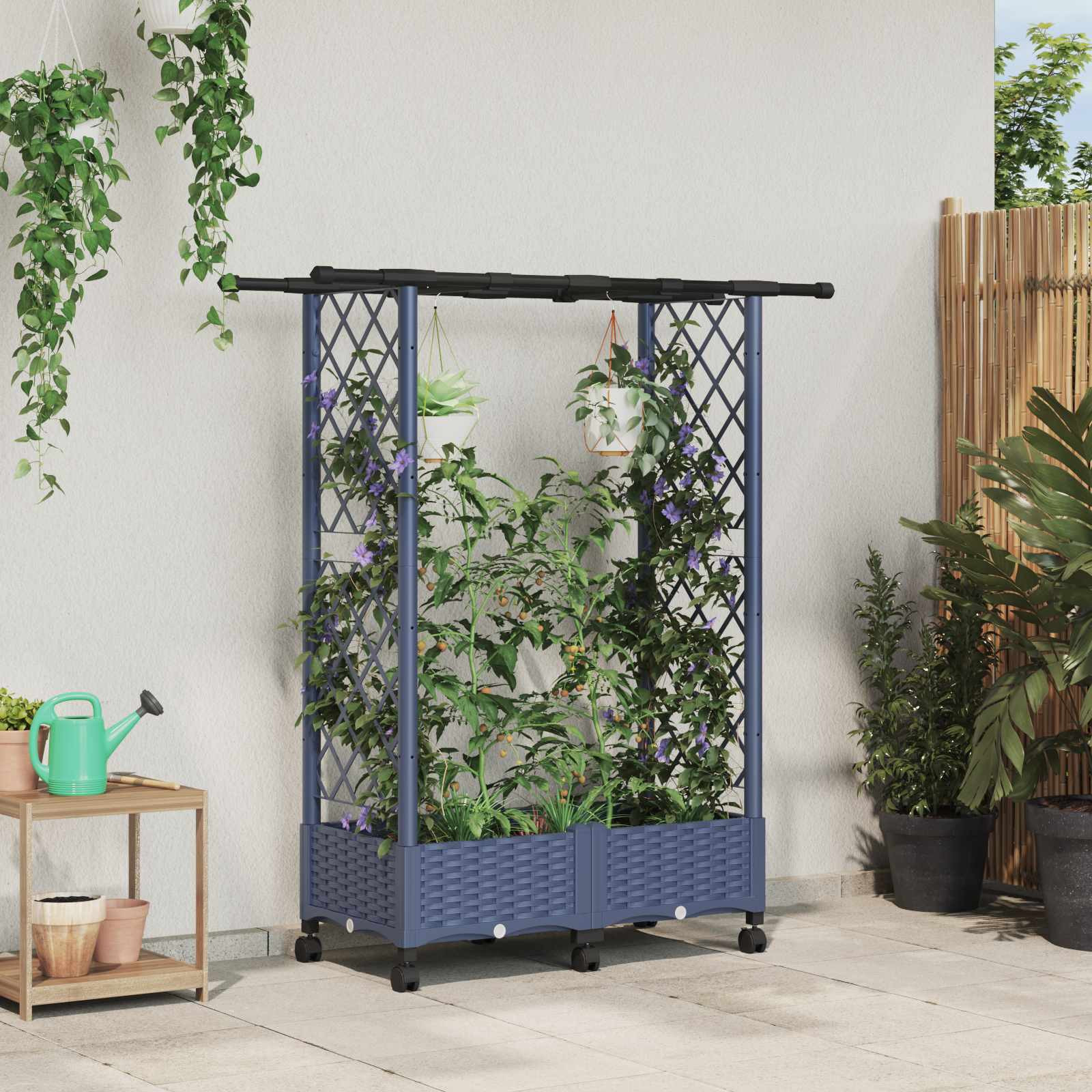 vidaXL Hochbeet mit Rankgitter und Dach Grau 122,5 x 40 x 127 cm PP