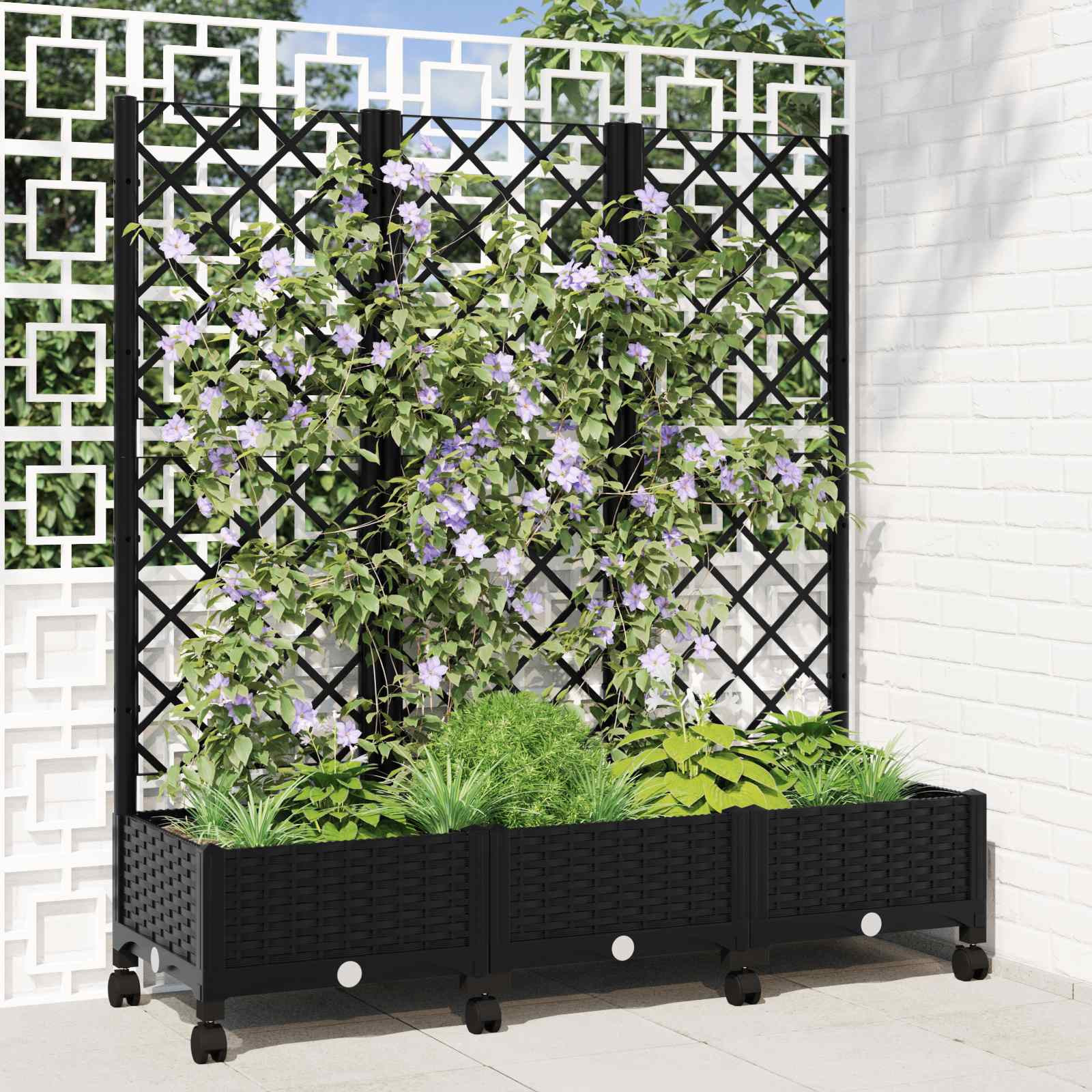 vidaXL Pflanzkübel mit Spalier und Rädern Schwarz 120 x 40 x 131,5 cm