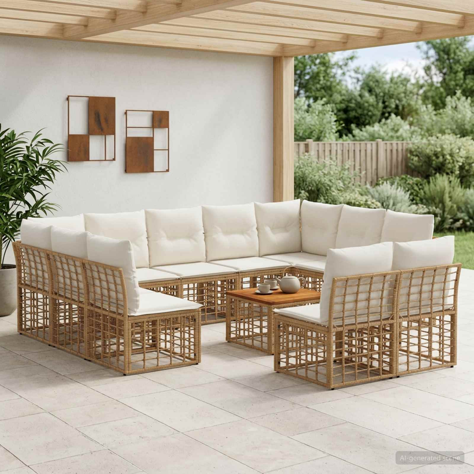 vidaXL Outdoor-Sofagarnitur 12 pcs Natürlich und Cremweiß Polyester