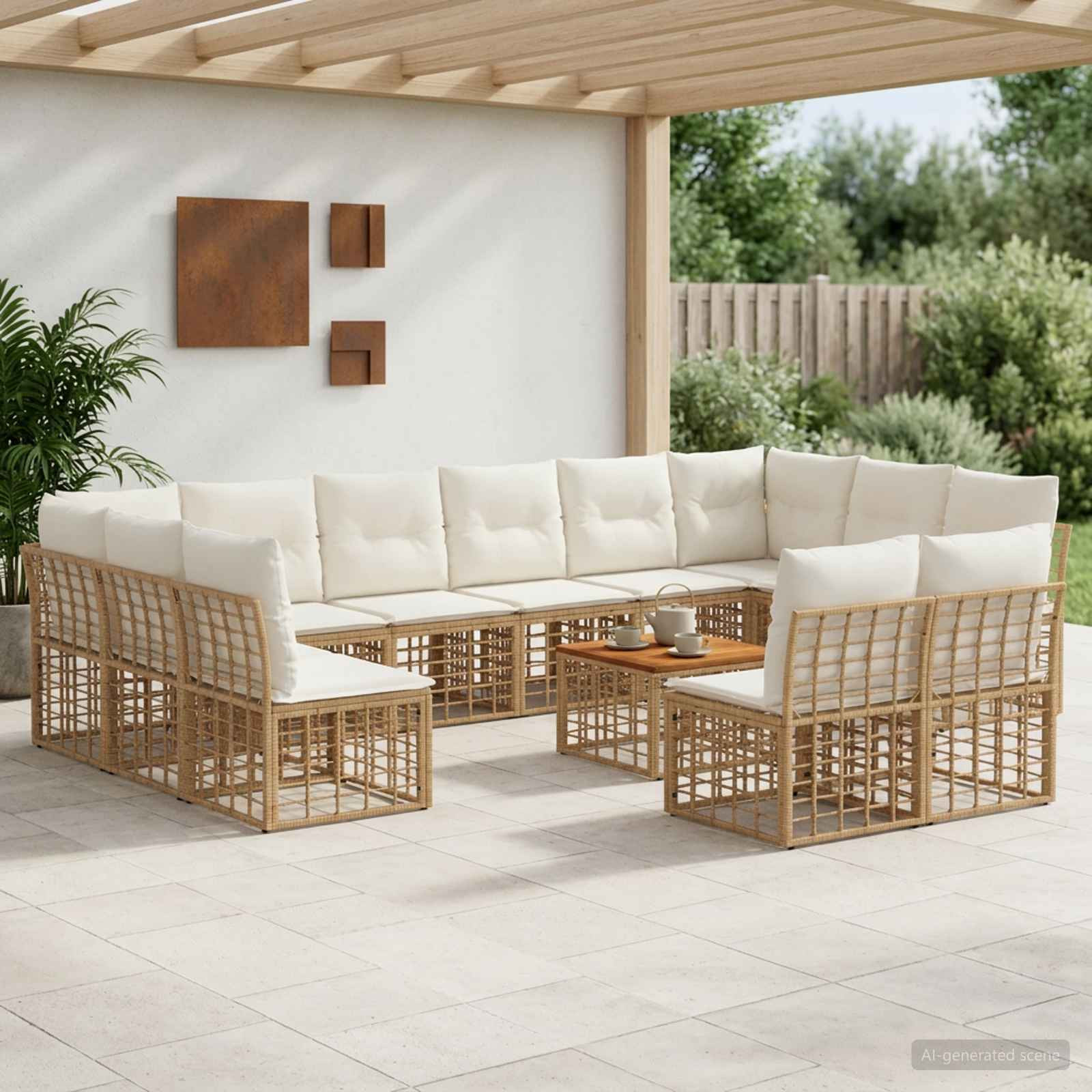 vidaXL Outdoor-Sofagarnitur 13 pcs Natürlich und Cremweiß Polyester