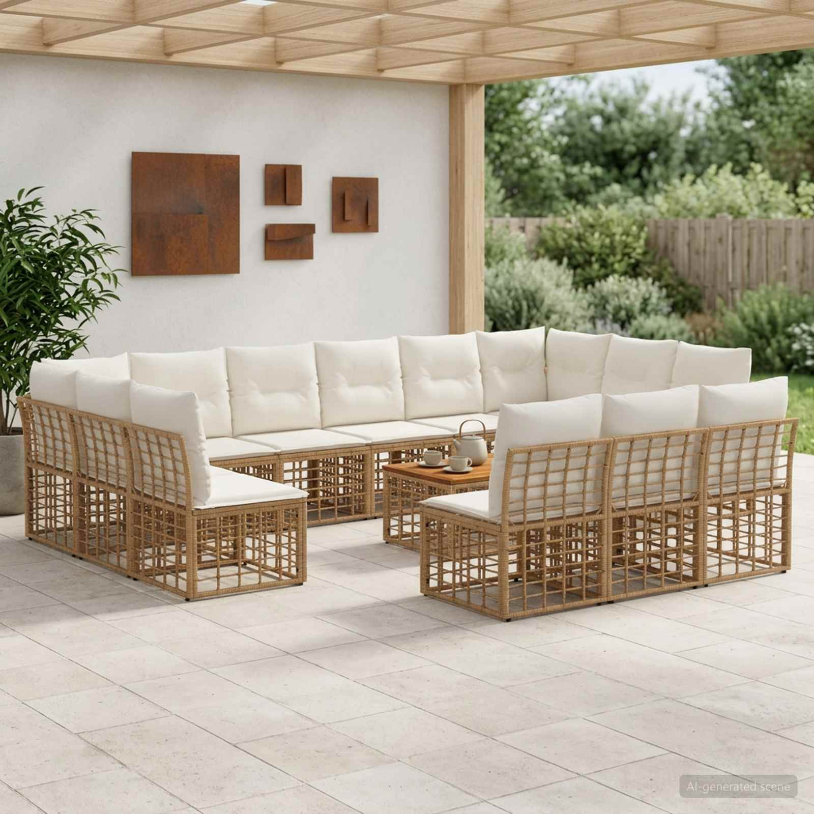 vidaXL Outdoor-Sofagarnitur 14 pcs Natürlich und Cremweiß Polyester