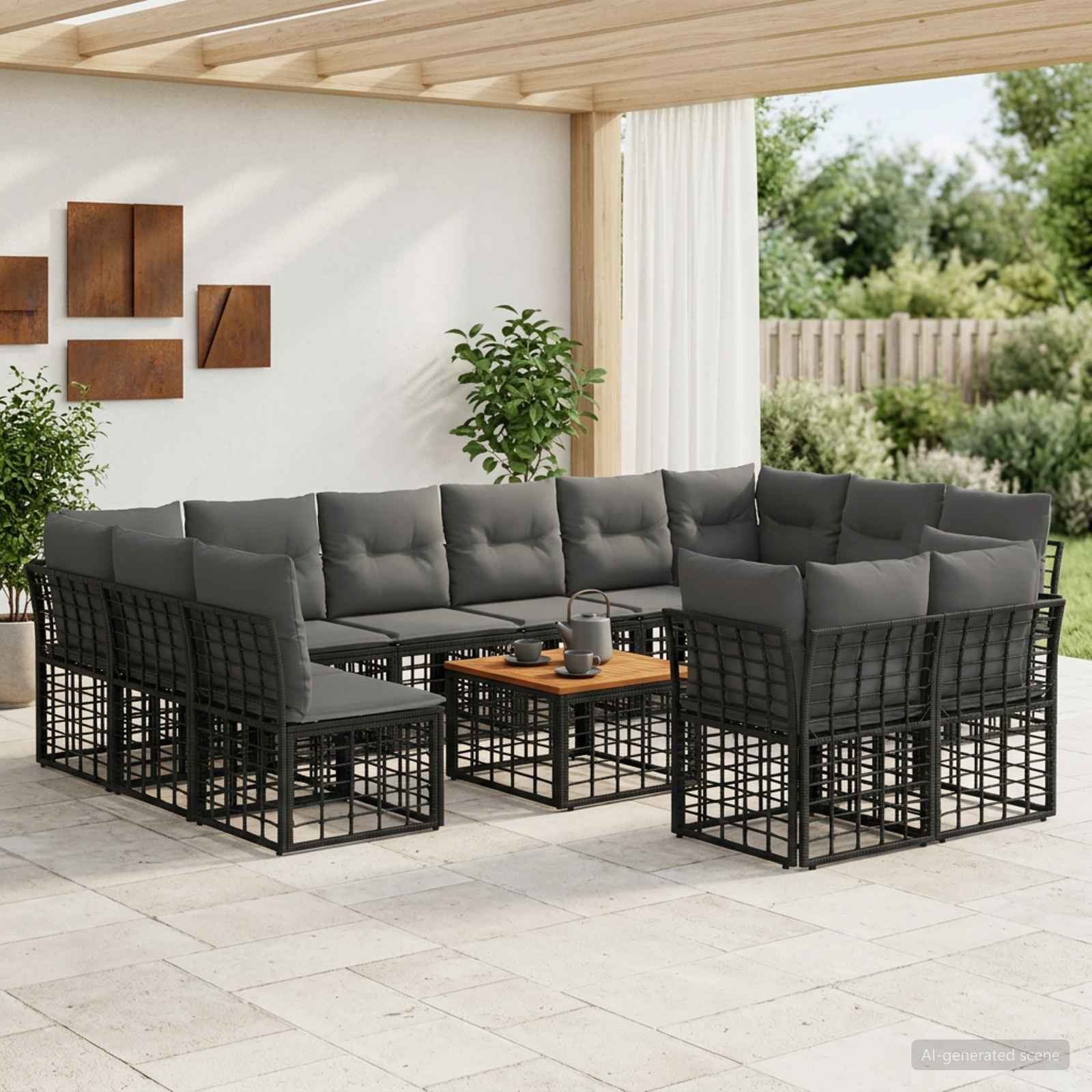 vidaXL Outdoor-Sofagarnitur 13 pcs Schwarz und Dunkelgrau Polyester