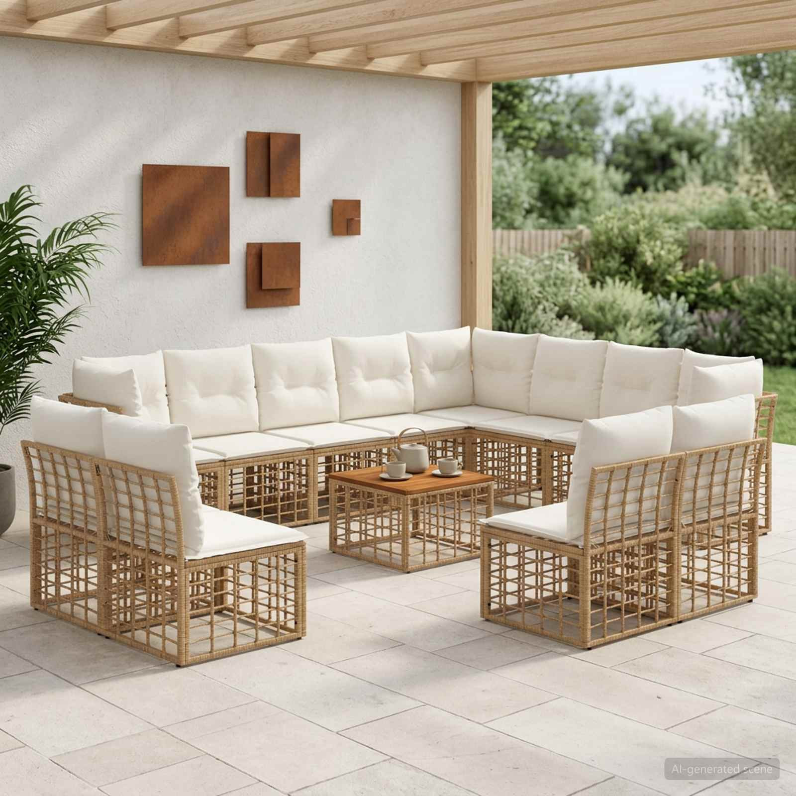 vidaXL Outdoor-Sofagarnitur 13 pcs Natürlich und Cremweiß Polyester