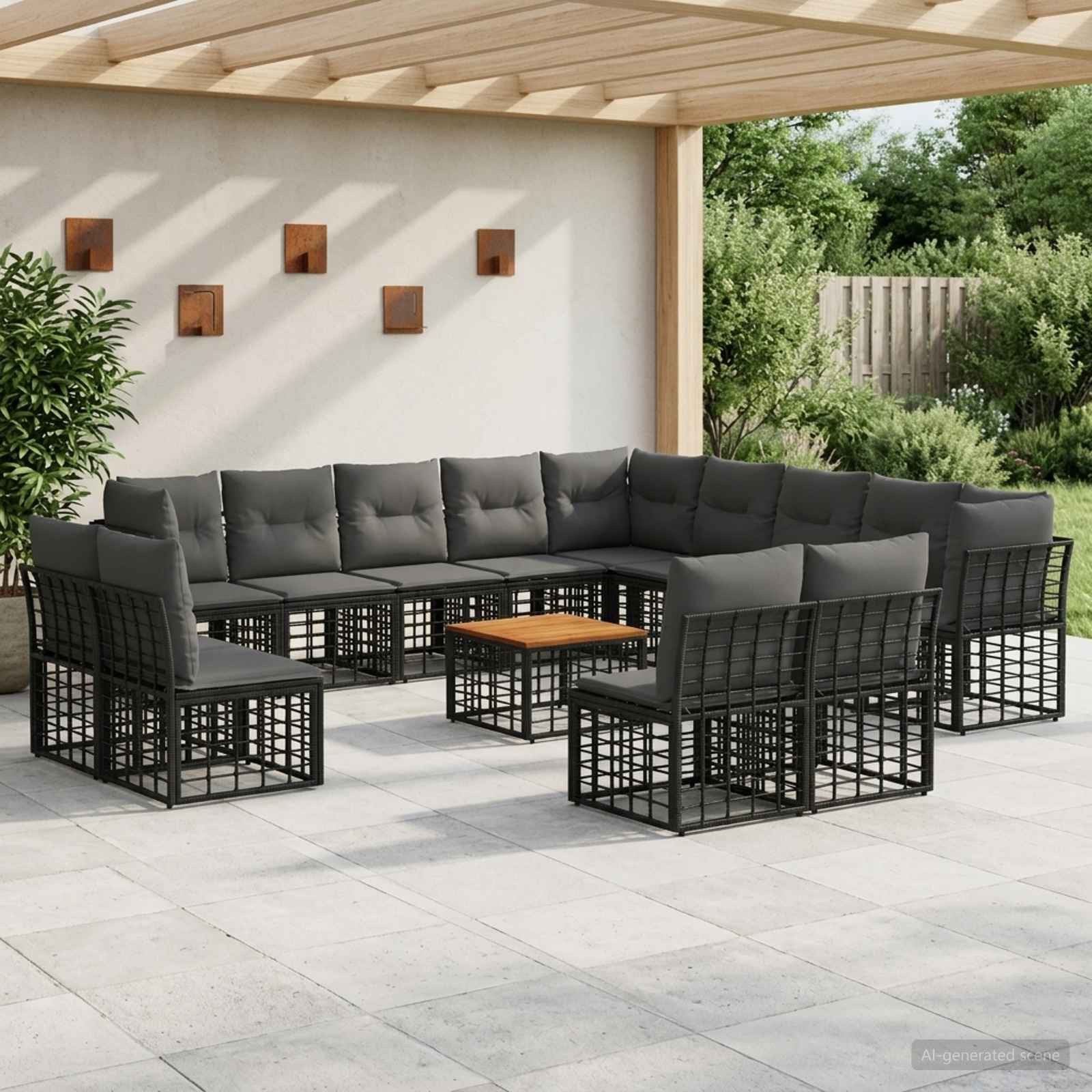 vidaXL Outdoor-Sofagarnitur 14 pcs Schwarz und Dunkelgrau Polyester