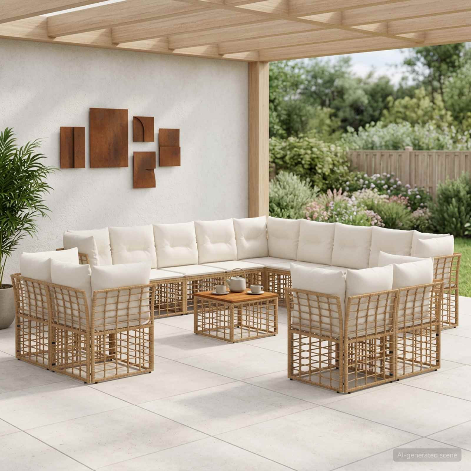vidaXL Outdoor-Sofagarnitur 14 pcs Natürlich und Cremweiß Polyester
