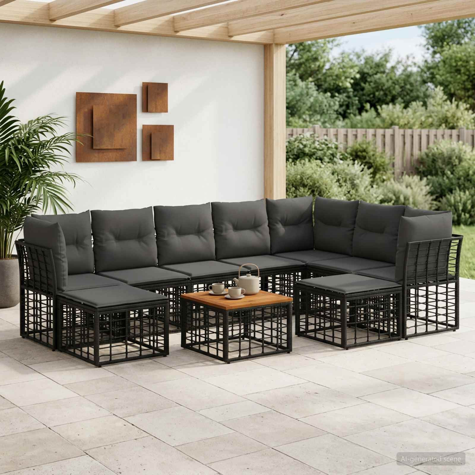 vidaXL Outdoor-Sofagarnitur 10 pcs Schwarz und Dunkelgrau Polyester