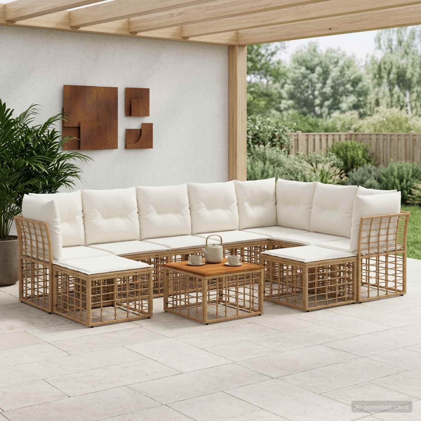 vidaXL Outdoor-Sofagarnitur 10 pcs Natürlich und Cremweiß Polyester