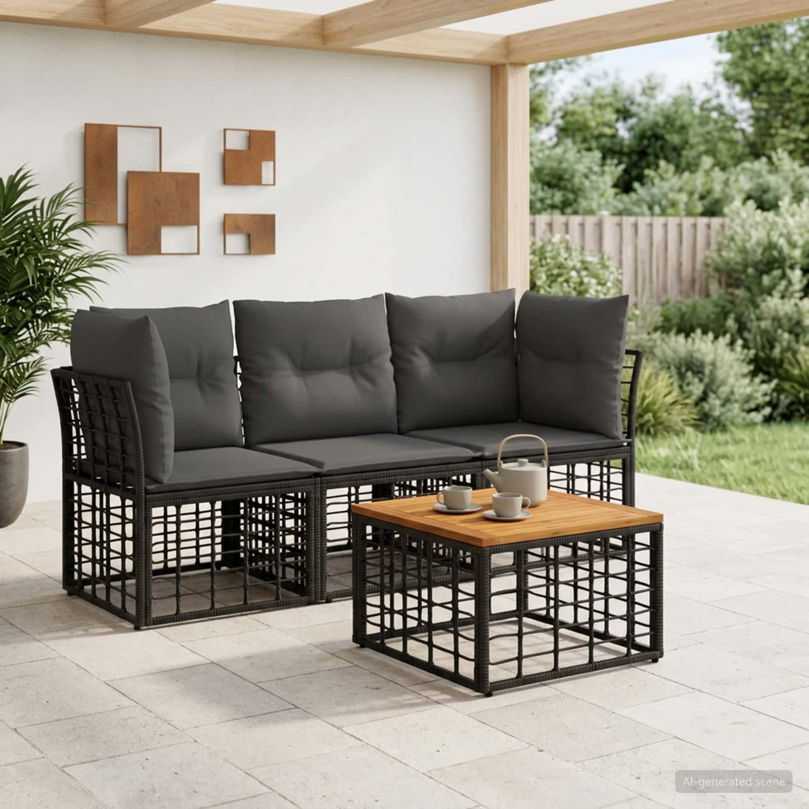 vidaXL Outdoor-Sofagarnitur 4 pcs Schwarz und Dunkelgrau Polyester