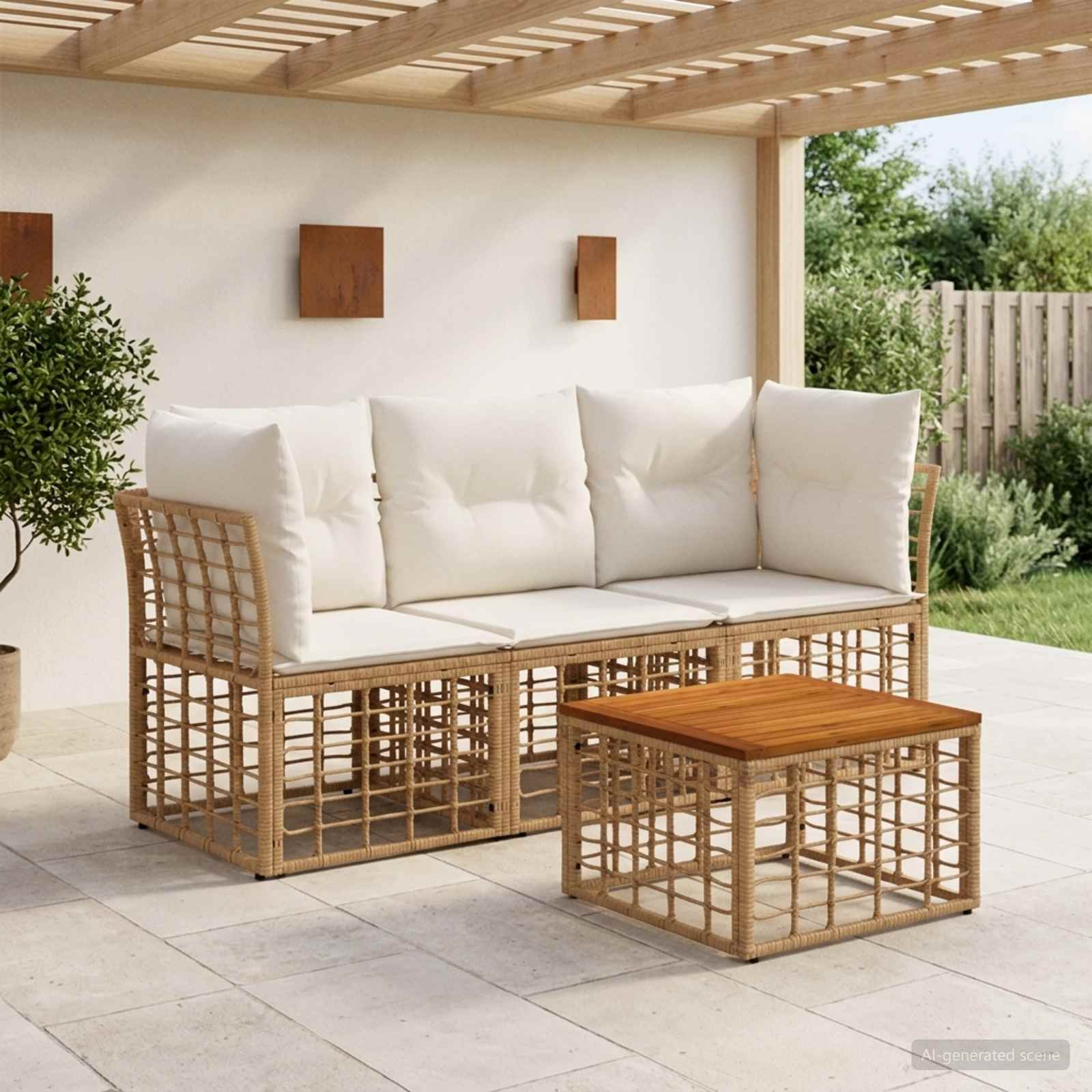 vidaXL Outdoor-Sofagarnitur 4 pcs Natürlich und Cremweiß Polyester