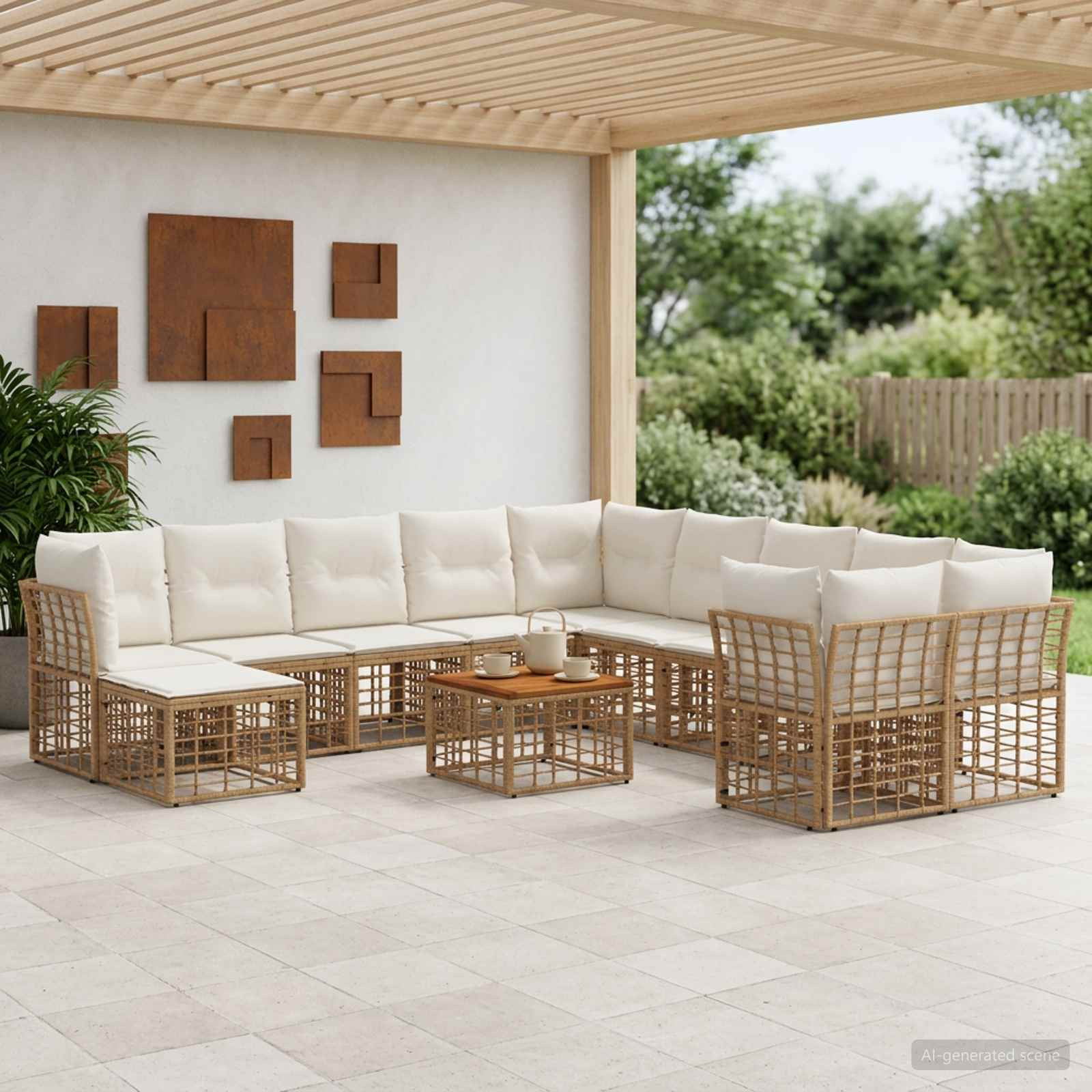 vidaXL Outdoor-Sofagarnitur 12 pcs Natürlich und Cremweiß Polyester