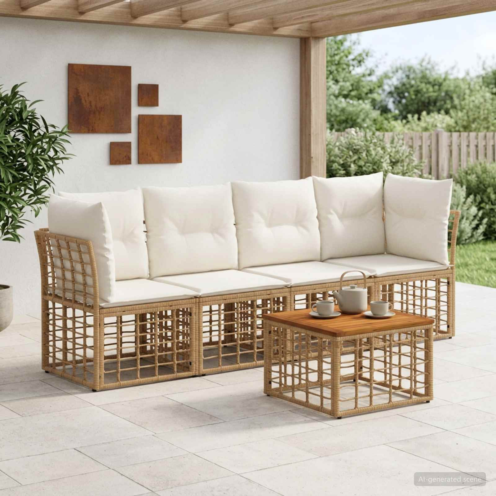 vidaXL Outdoor-Sofagarnitur 5 pcs Natürlich und Cremweiß Polyester
