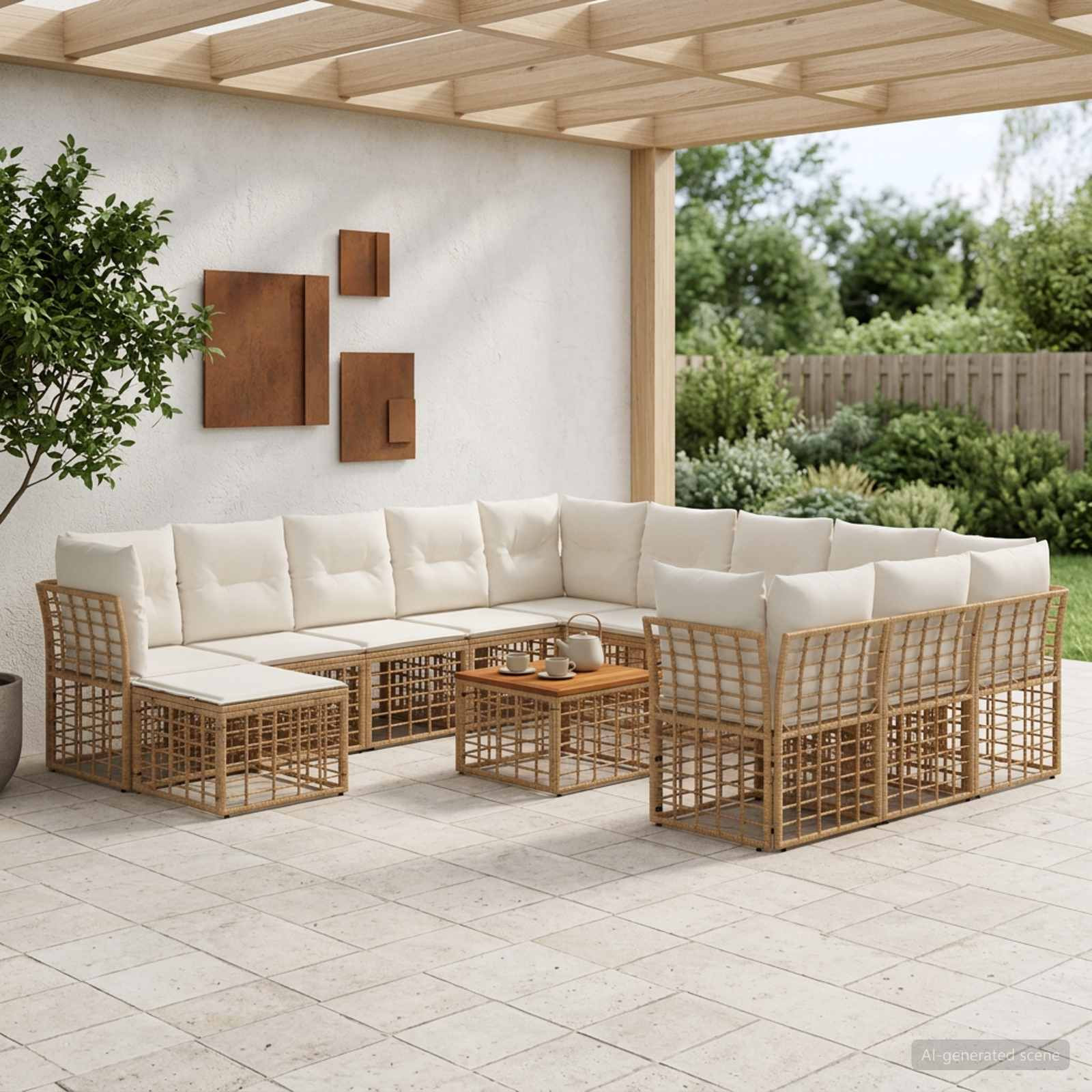 vidaXL Outdoor-Sofagarnitur 13 pcs Natürlich und Cremweiß Polyester