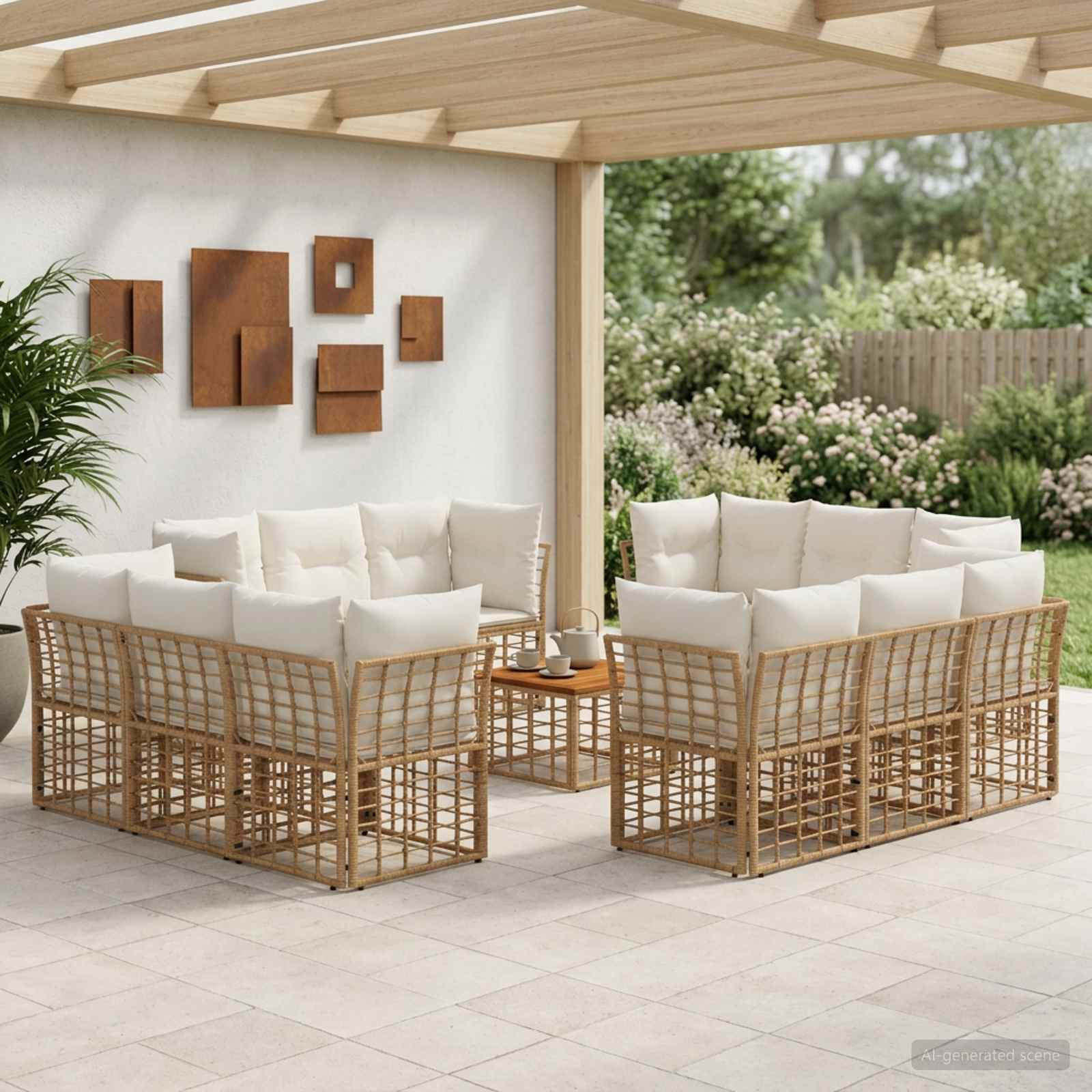 vidaXL Outdoor-Sofagarnitur 13 pcs Natürlich und Cremweiß Polyester