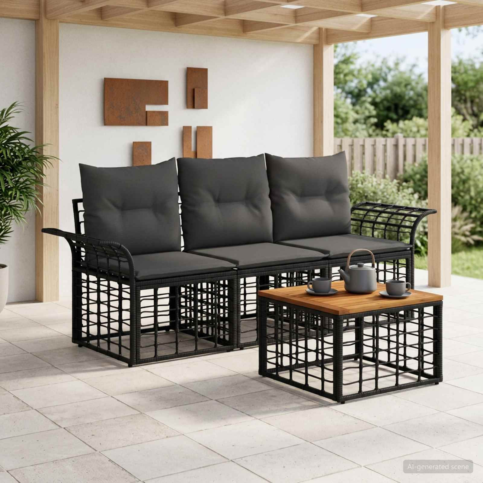 vidaXL Outdoor-Sofagarnitur 4 pcs Schwarz und Dunkelgrau Polyester