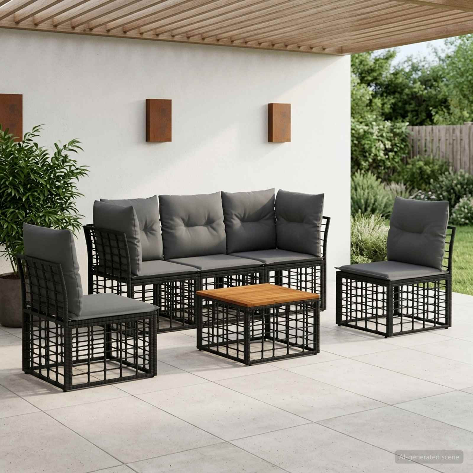 vidaXL Outdoor-Sofagarnitur 6 pcs Schwarz und Dunkelgrau Polyester